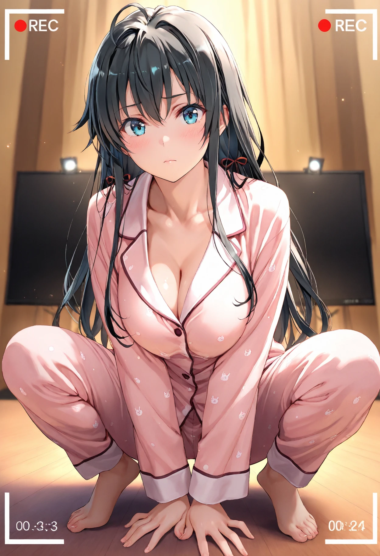 (masterpiece, best quality), 1girl, bed sheet, messy hair, unbuttoned shirt, unbuttoned shorts, blue pajamas, shiny skin,