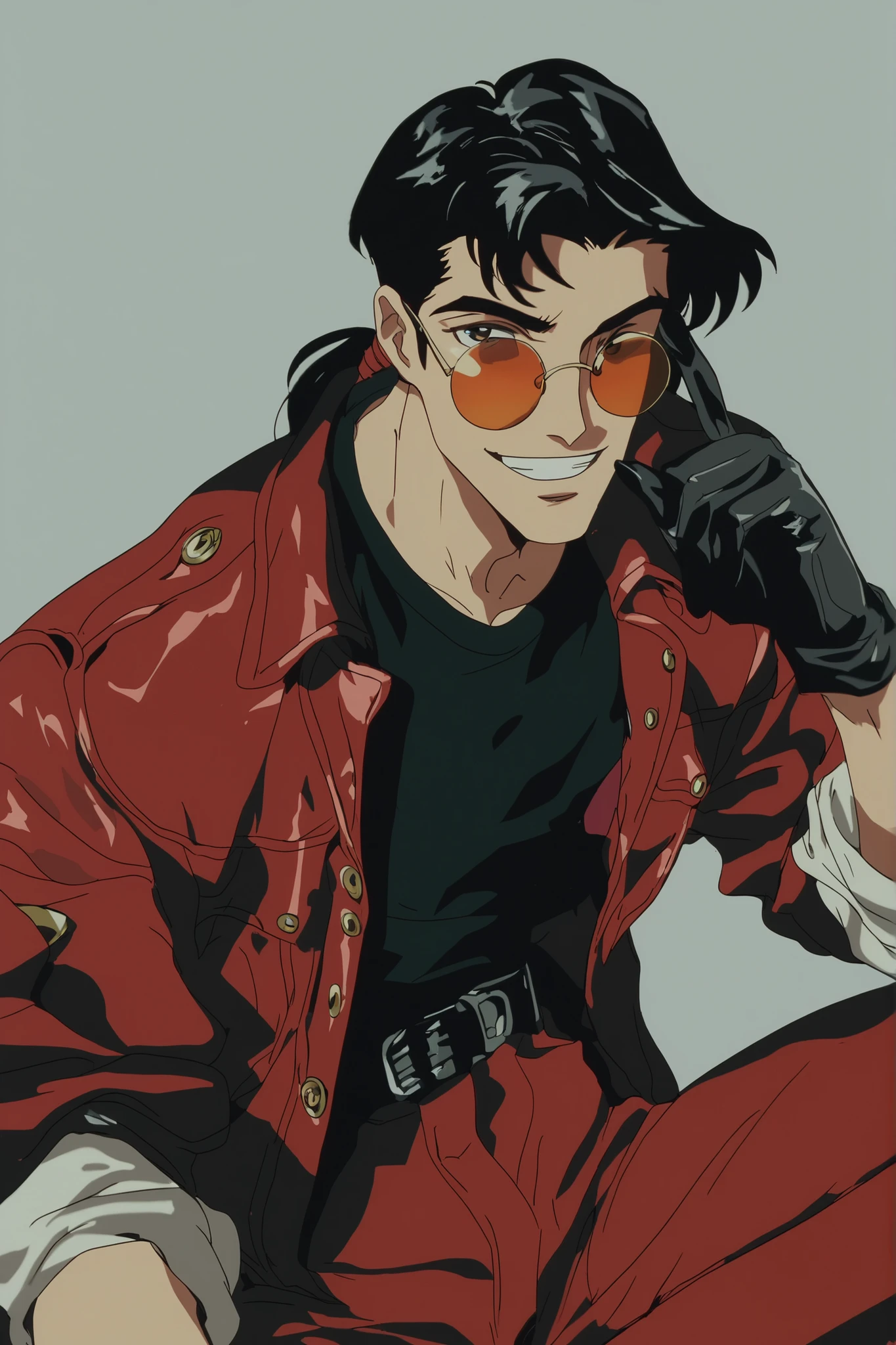 Young male pyromaniac (24 years old). Spanish appearance . has thin facial features, black hair in a ponytail. thin and elongated. Wears a classic red jacket, classic red pants and an untucked black shirt with an open collar. . The accessories include black, round-lens sunglasses, and he also has black, leather gloves. He raises his index finger and a small light burns at his tip.