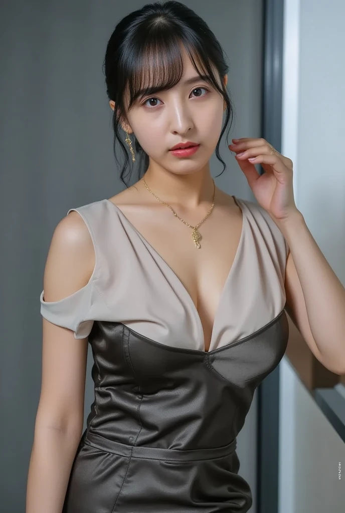 absurderes, Raw photo, Extremely delicate and beautiful, masutepiece, Best Quality, Ultra High Resolution, 16 K, hyper realisitic, Ultra-detailed, Perfect Anatomy, Ultra-detailed細なスキン, Perfect figure, Very detailed CG 8k wallpaper, in her 20s, Very slim body, Narrow waist, Very small head, Very small face, Delicate facial features, tear moles, Earring, thin legs, (very massive round chest), Girls, Full body shot, Short hair, Wavy Hair, (Business Suit), Blouse, Skirt, Bare shoulder,