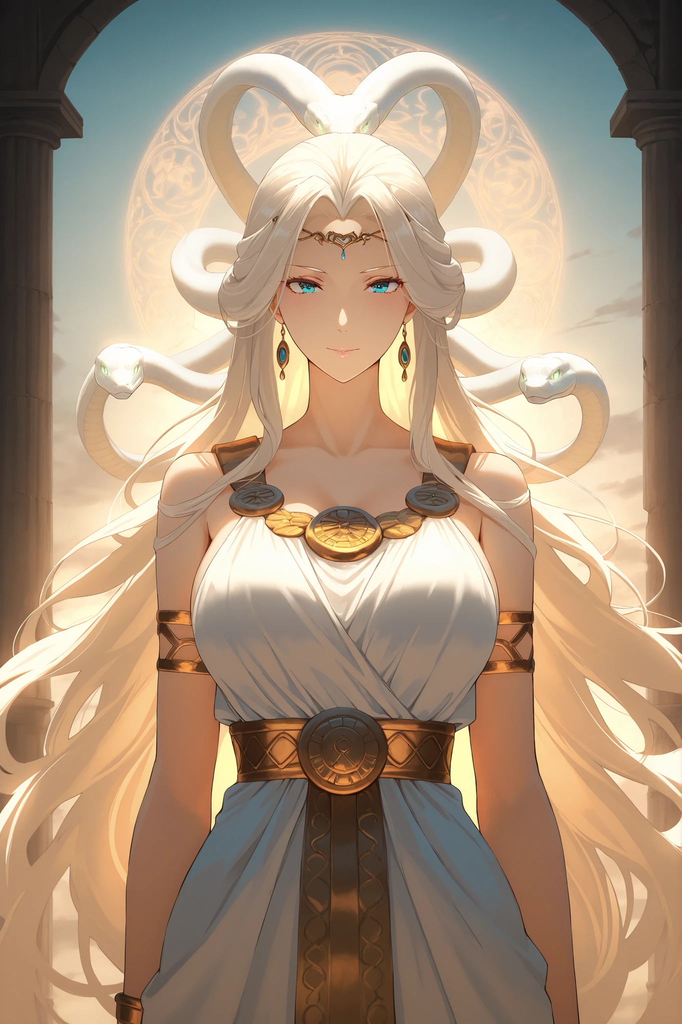 ((Top Quality)), ((Excellent)), (Details), masterpiece, best quality, UHD, ((Best quality, 8k, Masterpiece:1.3)), An anime-style illustration of Medusa from Greek mythology, depicted as a mysterious and beautiful goddess-like figure. She has long flowing hair made entirely of living serpents, each snake detailed with glistening scales, glowing eyes, and elegant movement, as if alive and swirling around her face. he wears an elegant ancient Greek chiton, pure white with golden embroidery, flowing gracefully around her body. Her eyes shimmer with a hypnotic glow, both alluring and dangerous, radiating divine beauty and mystery. Her expression is serene yet powerful, captivating anyone who looks at her. The background shows ancient Greek ruins bathed in soft moonlight, enhancing her ethereal and mythological presence. Anime style, highly detailed, fantasy art, glowing atmosphere, mystical and divine aesthetic.

