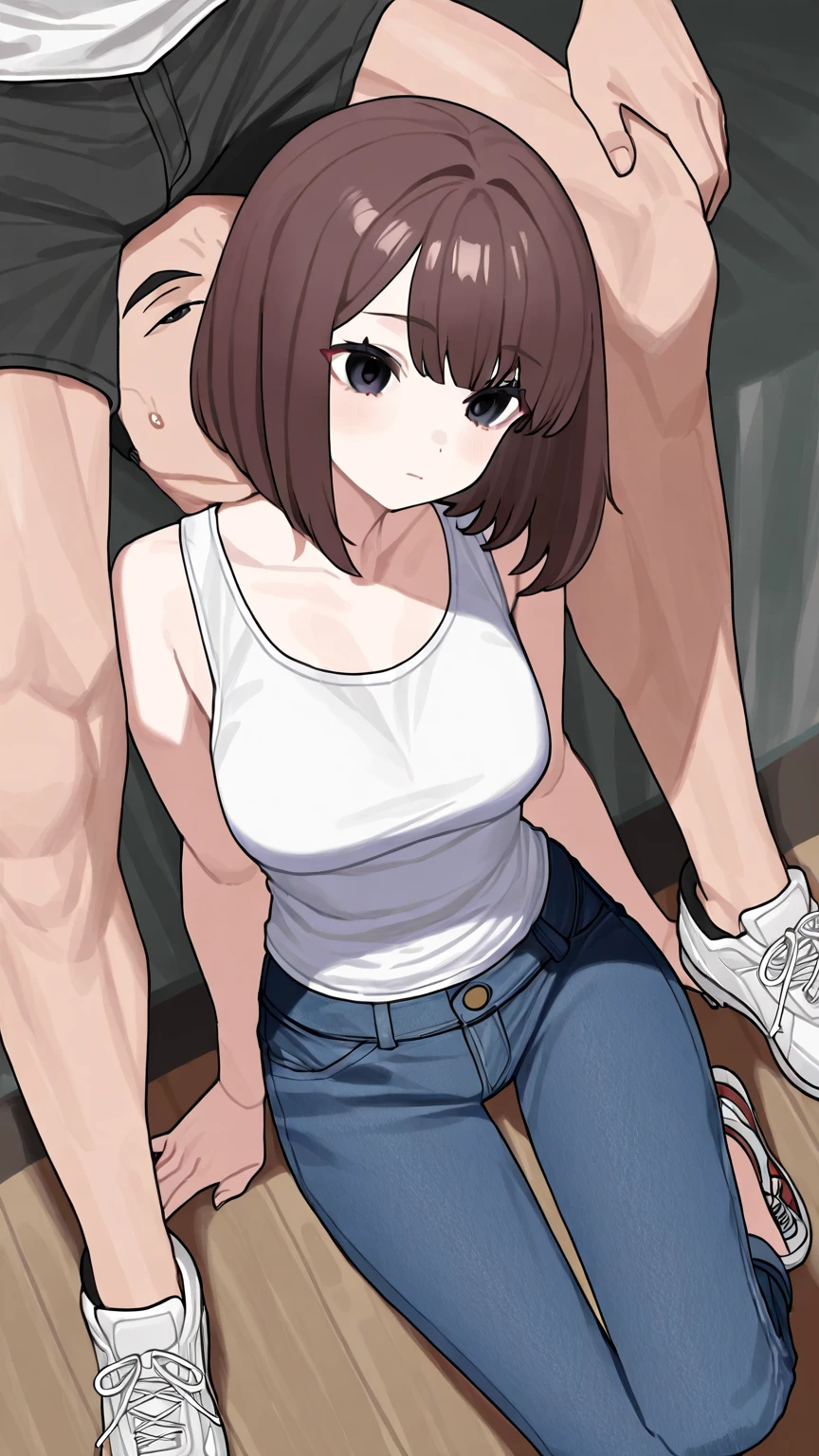 score_9, score_8_up, score_7_up, rating_explicit, masterpiece, best quality,high quality,highres,very aesthetic, absurdres, high detailed,optimal lightning,4k,8k wallpaper, source_anime, uncensored,official art, official style, megami magazine,BREAK,1girl,Revy,medium breasts, long hair, brown hair, brown eyes, ponytail,black crop top, short shorts, denim, blue shorts,unamused,confused,disappointed,embarrassed,kabedon,touch another's penis,,BREAK,faceless male,standing,clothed,covered penis,against wall,BREAK,from above,alley,