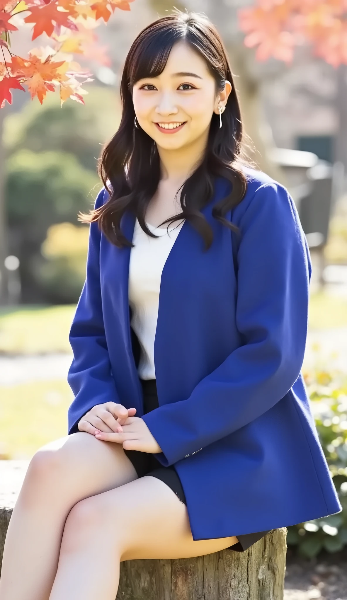 live-action、shot with a Canon EOS R5, 50mm lens, f/2.8 apertur、(masterpiece,best quality:1.4)、Highest Quality、ultra high definition、8K、school、what a high school girl looks like、uniform、Emphasize the cleavage,Seductive pose、front view、Full body photo、sitting on a chair、(poses that accentuate cleavage:1.5)、(Smile Yan:1.5)、black haired 、straight semi-long、has bangs、slender body、(large :1.3), black pleated skirt、miniskirt、dark blue high socks、black loafers、nsfw,(skirt lift:1.3),(white pantie:1.1), showing off panties,hugging own legs,white panties,cameltoe,