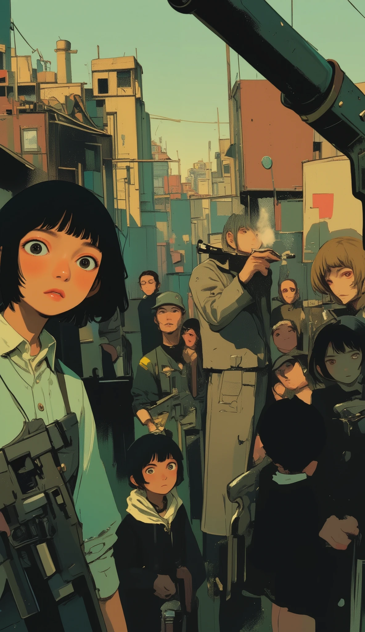 close-up of people smoking cigarettes with guns by Steven Campbell, by Josan Gonzalez, by Steven Campbell, by Dave Arredondo, Laurie Gracely's Style, Laurie Grisley and James Jean, then Martin, by justin gerard, Whitney Darrow, by Tim Biscup, people on, by Wiley Beckert