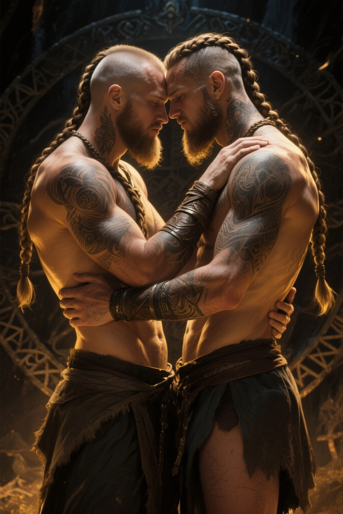 2 men. Photo-realistic. A tall, athletic 22-year-old, Caucasian man, with fade-cut brown hair, stubble, and closed eyes, wearing a black space military uniform, standing behind, arms lovingly wrapped around, and kissing the neck of a handsome 19-year-old, Caucasian man, with short, brown hair, stubble, and closed eyes, wearing a blue and beige loincloth, standing in front of a hearth, in a primitive hut, at night. Sexy, romantic, masculine, big bulge, NSFW.