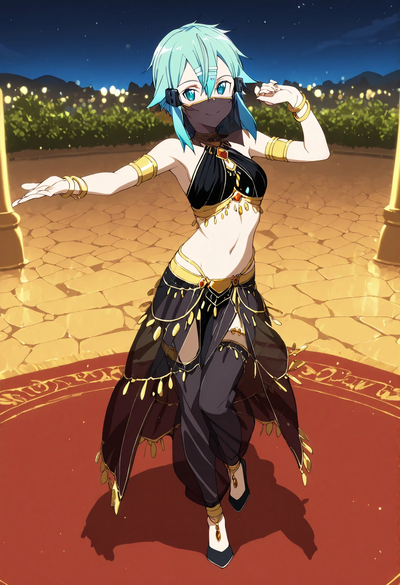 (1girl:1 . 5) , (Seul:1 . 5) , score_9 , score_8_haut , score_7_haut , source_anime , Official work , ultra-detailed , masterpiece , best quality selfie snapshot , high res , beaux yeux , detailed eyes , detailed face , beautiful detailed eyes ,Sword Art Online, Sinon,Arabian Clothes , Arabian Dancer ,belly dancer costume ,mouth veil,full body, golden jewelery,armlet, belly dancing,night,arabian garden, seductive smile, dancing with veil, dynamic movement,dance posture, seductive pose