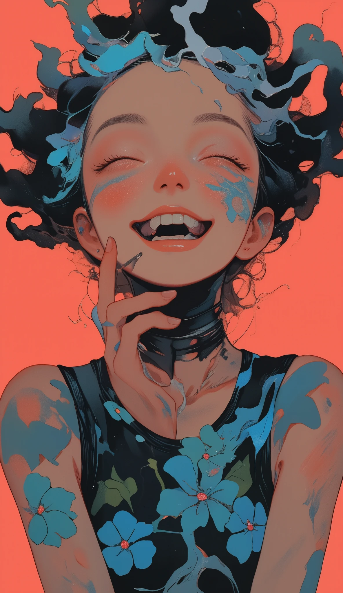 teeth、The vivid colors and intricate details are impressive illustrations that add elements of personal style and enigmatic quality to the, It has an elegant coral-like hue, smoky motif. 片方の手にteeth暖かさと深みを与えるシガレット, a swirling middle、a pair of hands emerge as a focus, smoke intertwines with the surrounding swirling pattern. 手teeth指輪で飾られています, のクールな色調とteeth対照的です. 背景teeth豊かな, cigarette, blue floral pattern on the clothes underneath. has a slightly surreal vibe, dark energy 。. 全体的なスタイルteeth、contrast with modern punk art elements and、composition {x} Classic tattoo drawing effects realized by the smooth lines and organic shapes of smoke that complement the illustration's dreamy and rebellious mood, 。もう片方の手にteethリボルバーをしっかりと握り.