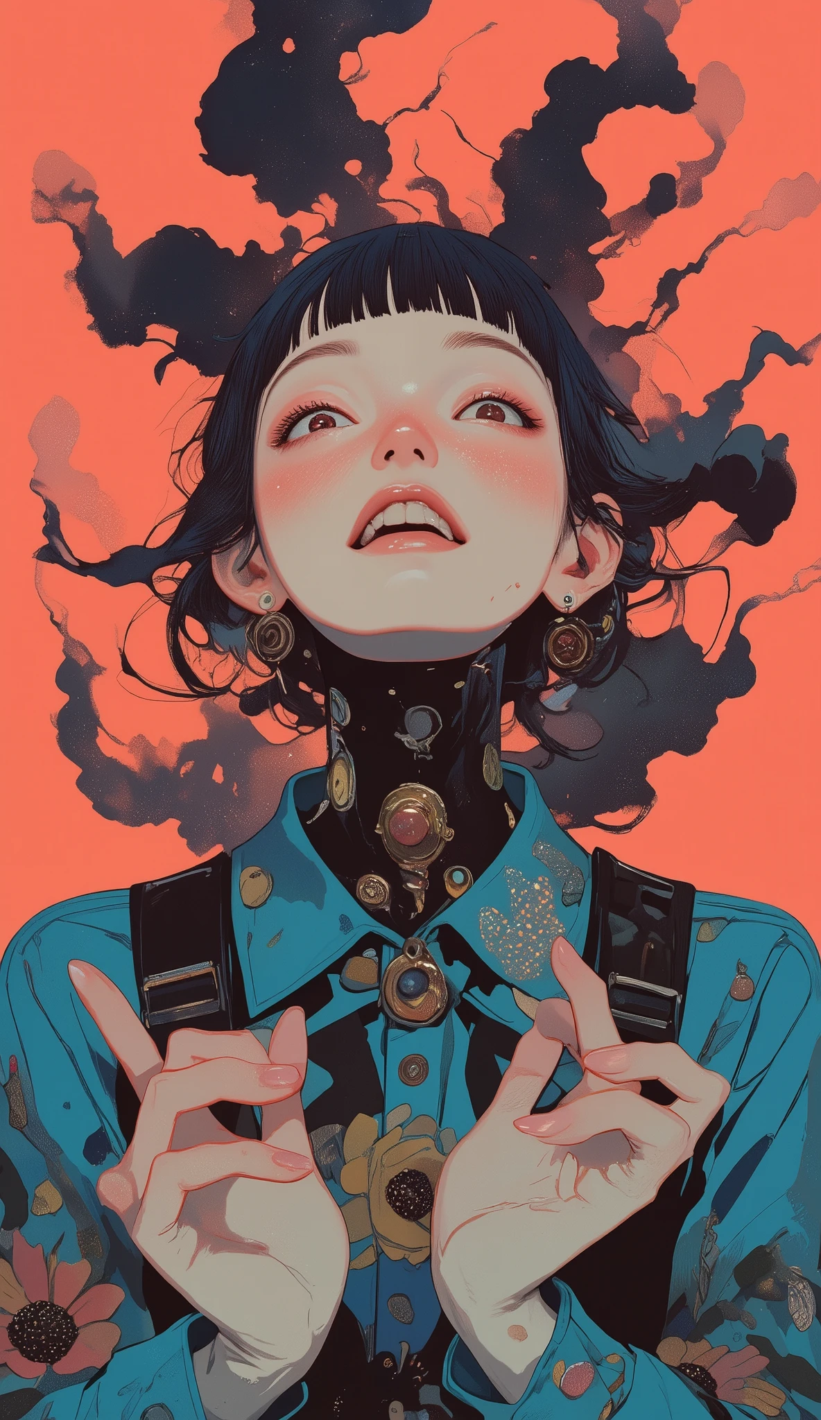 teeth、The vivid colors and intricate details are impressive illustrations that add elements of personal style and enigmatic quality to the, It has an elegant coral-like hue, smoky motif. 片方の手にteeth暖かさと深みを与えるシガレット, a swirling middle、a pair of hands emerge as a focus, smoke intertwines with the surrounding swirling pattern. 手teeth指輪で飾られています, のクールな色調とteeth対照的です. 背景teeth豊かな, cigarette, blue floral pattern on the clothes underneath. has a slightly surreal vibe, dark energy 。. 全体的なスタイルteeth、contrast with modern punk art elements and、composition {x} Classic tattoo drawing effects realized by the smooth lines and organic shapes of smoke that complement the illustration's dreamy and rebellious mood, 。もう片方の手にteethリボルバーをしっかりと握り.