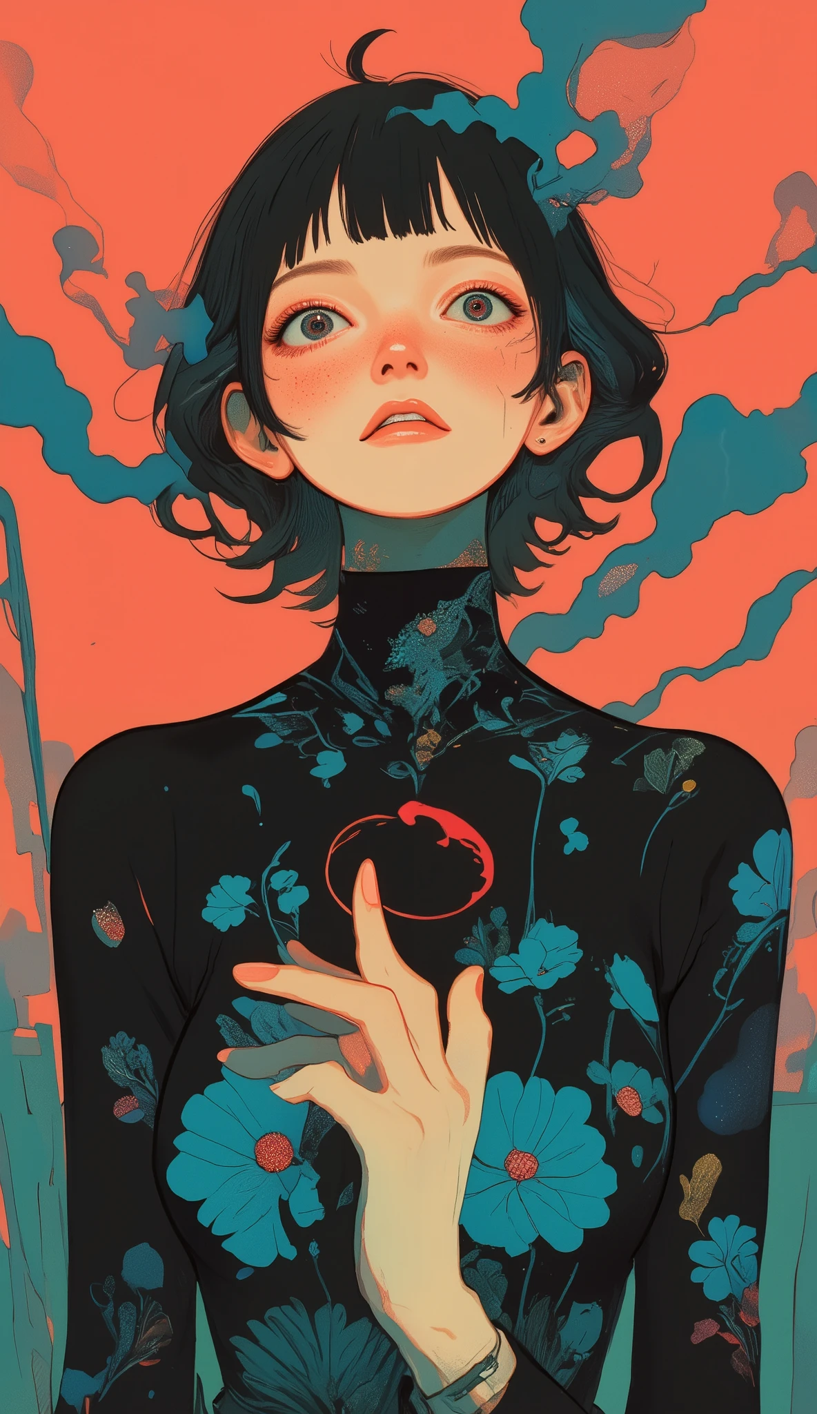 teeth、The vivid colors and intricate details are impressive illustrations that add elements of personal style and enigmatic quality to the, It has an elegant coral-like hue, smoky motif. 片方の手にteeth暖かさと深みを与えるシガレット, a swirling middle、a pair of hands emerge as a focus, smoke intertwines with the surrounding swirling pattern. 手teeth指輪で飾られています, のクールな色調とteeth対照的です. 背景teeth豊かな, cigarette, blue floral pattern on the clothes underneath. has a slightly surreal vibe, dark energy 。. 全体的なスタイルteeth、contrast with modern punk art elements and、composition {x} Classic tattoo drawing effects realized by the smooth lines and organic shapes of smoke that complement the illustration's dreamy and rebellious mood, 。もう片方の手にteethリボルバーをしっかりと握り.