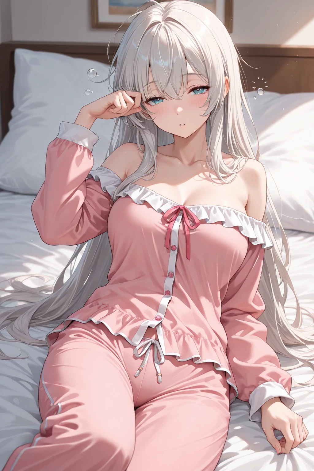 1girl in、A smile、A delightful!　s Pajamas、dressing gown、blanche、Pretty Dresses、（small tits）、Sleeping in large letters、