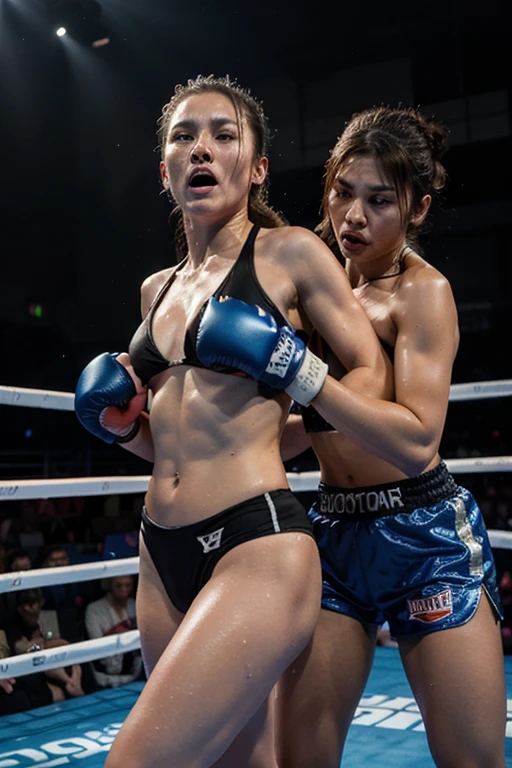onoff,side-by-side photo,split screen,Muay Thai boxer, Muay Thai costume,beautiful woman, sharp eyes, long eyelashes, tight sexy body,masterpiece photograph,fighting pose,mideum shot,The fighter is a beautiful woman with long hair, realistic photo,depth of field,cinematic lighting,