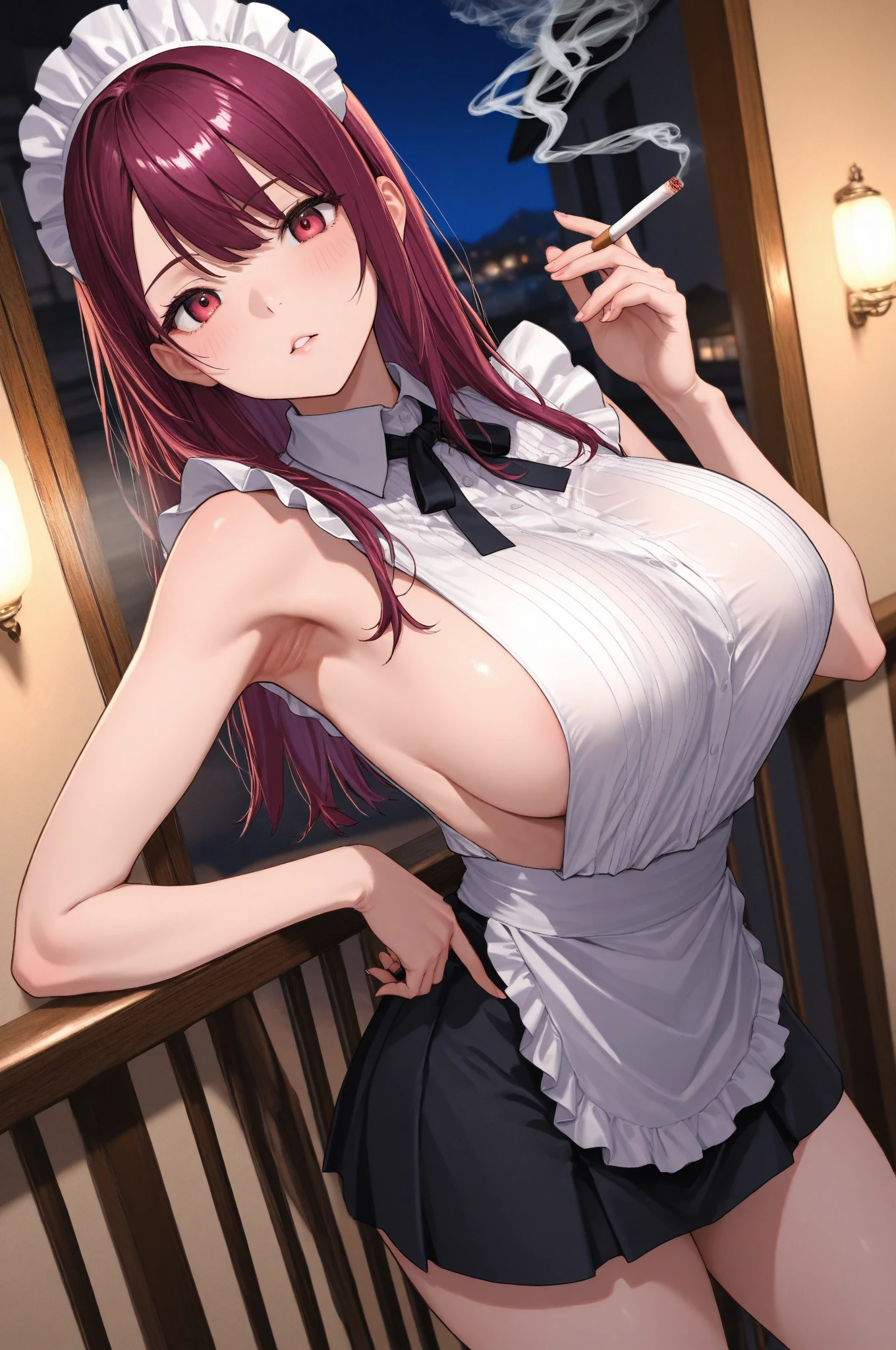25-year-old wife,Crimson hair,side braid,Smile,Large Breasts,cleavage,Sheer red sleeveless top,中間留空露出cleavage,Soaked all over,Blushing,green eyes,Female spy,red miniskirt,White gloves,White hand sleeves,White boots,Science fiction,Future,robot driver,There is a pistol on the back belt,No bangs,Wearing earrings only on one side,leather neck brace,There is a belt around the waist,Battleship Kanaiuchi