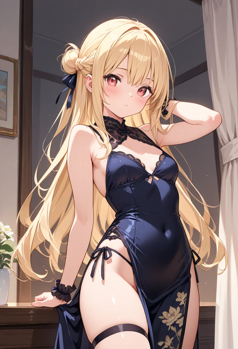 chitogekirisaki, <lora:chitogekirisakitest:1>, chitoge kirisaki, blonde hair, blue eyes, hair ribbon, long hair, red ribbon, ribbon, (small breast:1.2)
BREAK lingerie,
BREAK indoors, bed,
BREAK looking at viewer, BREAK <lora:GoodHands-vanilla:1>, (masterpiece:1.2), best quality, high resolution, unity 8k wallpaper, (illustration:0.8), (beautiful detailed eyes:1.6), extremely detailed face, perfect lighting, extremely detailed CG, (perfect hands, perfect anatomy),
