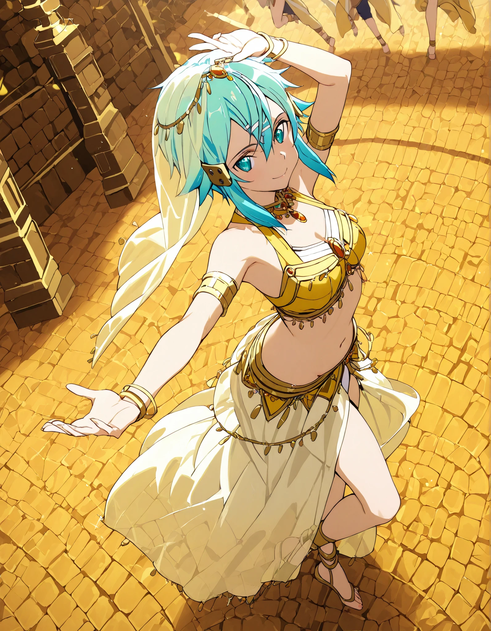 (1girl:1 . 5) , (Seul:1 . 5) , score_9 , score_8_haut , score_7_haut , source_anime , Official work , ultra-detailed , masterpiece , best quality selfie snapshot , high res , beaux yeux , detailed eyes , detailed face , beautiful detailed eyes ,Sword Art Online, Sinon,Arabian Clothes , Arabian Dancer ,belly dancer costume ,full body, golden jewelery,armlet, belly dancing,arabian garden, seductive smile, dancing with veil, dynamic movement,dance posture, seductive pose