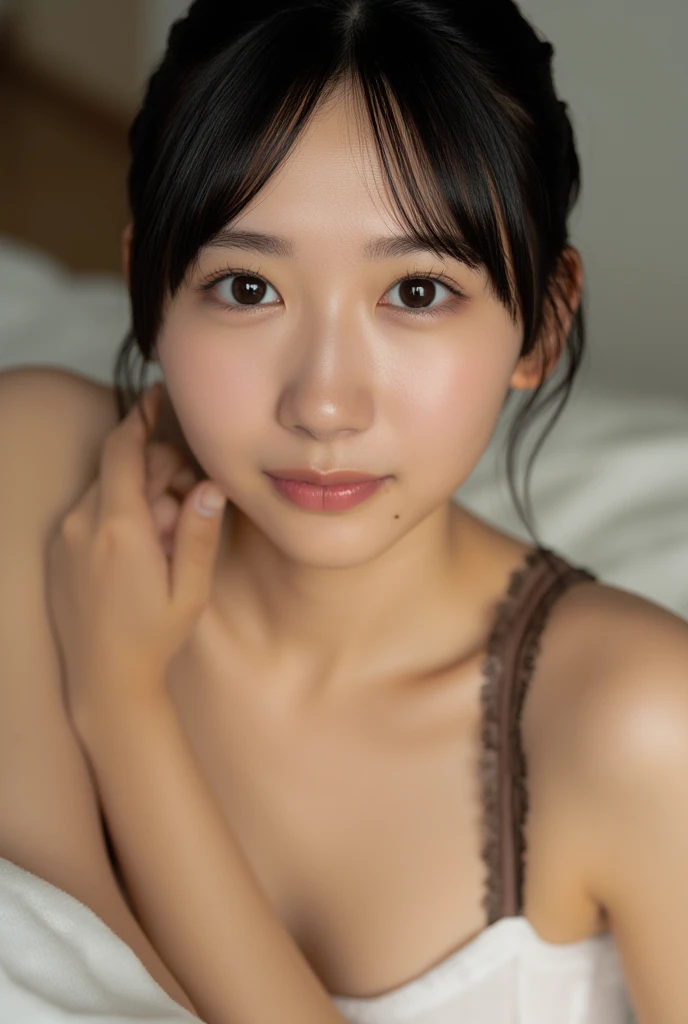Nikon Z 85mm、((top-quality)) ((masterpiece))、intricate-detail、Sharp Focus、proffesional、Photorealsitic、Real life、surrealistic、photorealisim、Silhouette Light、finely detail、top-quality、Highly detailed CG Unity 8K wallpapers、erfect artwork、The upper part of the body、shinny hair、radiant eyes、shinny skin、realisitic、small tits、The perfect female figure、Constricted waist、Looking at the camera、enchanting posture、sexy pose、extremely delicate and beautiful、best qualtiy、a beautiful detailed girl、Beautiful fine eyes、Facial Lights、((Realistic lighting、top-quality、8K、masterpiece:1.3))、Clear focus:1.2、1girl in、flawless beauty:1.4、Slim abs:1.1、((Long dark brown hair、light pink nipples 、Shaved 、Super fine face、Mouth that opens slightly、Narrow-eyed、二重まぶた、(Full body lying in bed:1.2)、toward to the camera、 Legs open、My best girlfriend、Pestering for sex