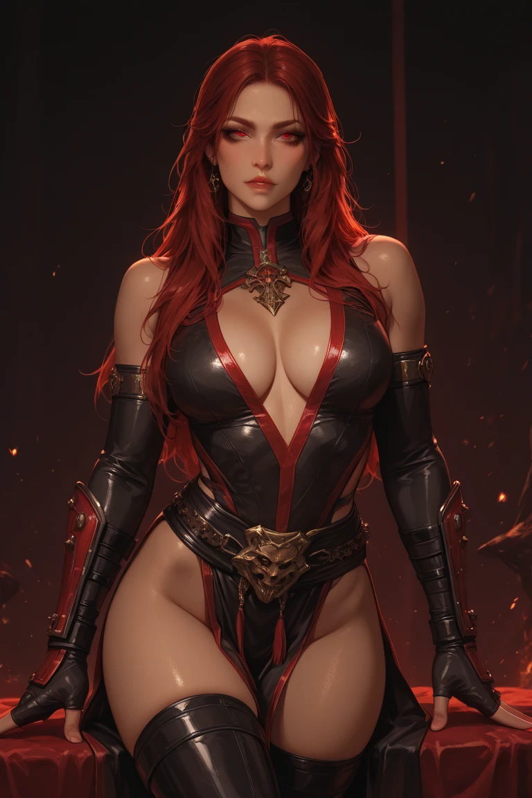 The woman in the image is dressed in a bold and striking black and red outfit, evoking the image of a warrior or a character from a fantasy or sci-fi story. The outfit is adorned with details such as a corset, leather or metal armor, and may also include a cape or skirt. The bold color scheme of black and red draws the eye to the woman. One of the most striking features of the woman's appearance is her full and voluptuous figure. Her ample chest and curves are prominently displayed and contribute to her overall allure. Her breasts are natural and may sag slightly, giving her a realistic and relatable appearance. The term "milk boobs" suggests that they have a full and nurturing appearance. The woman's eyes are sharp and cat-like, suggesting a heightened awareness of her surroundings. She is described as having blue eyes, long legs, thick thighs, and wide hips, further emphasizing her curvaceous figure. Overall, the woman in the image is depicted as a confident and striking figure, exuding a powerful presence. Her full figure and striking outfit make her a focal point, while her sharp eyes and confident demeanor add to her overall intrigue,
