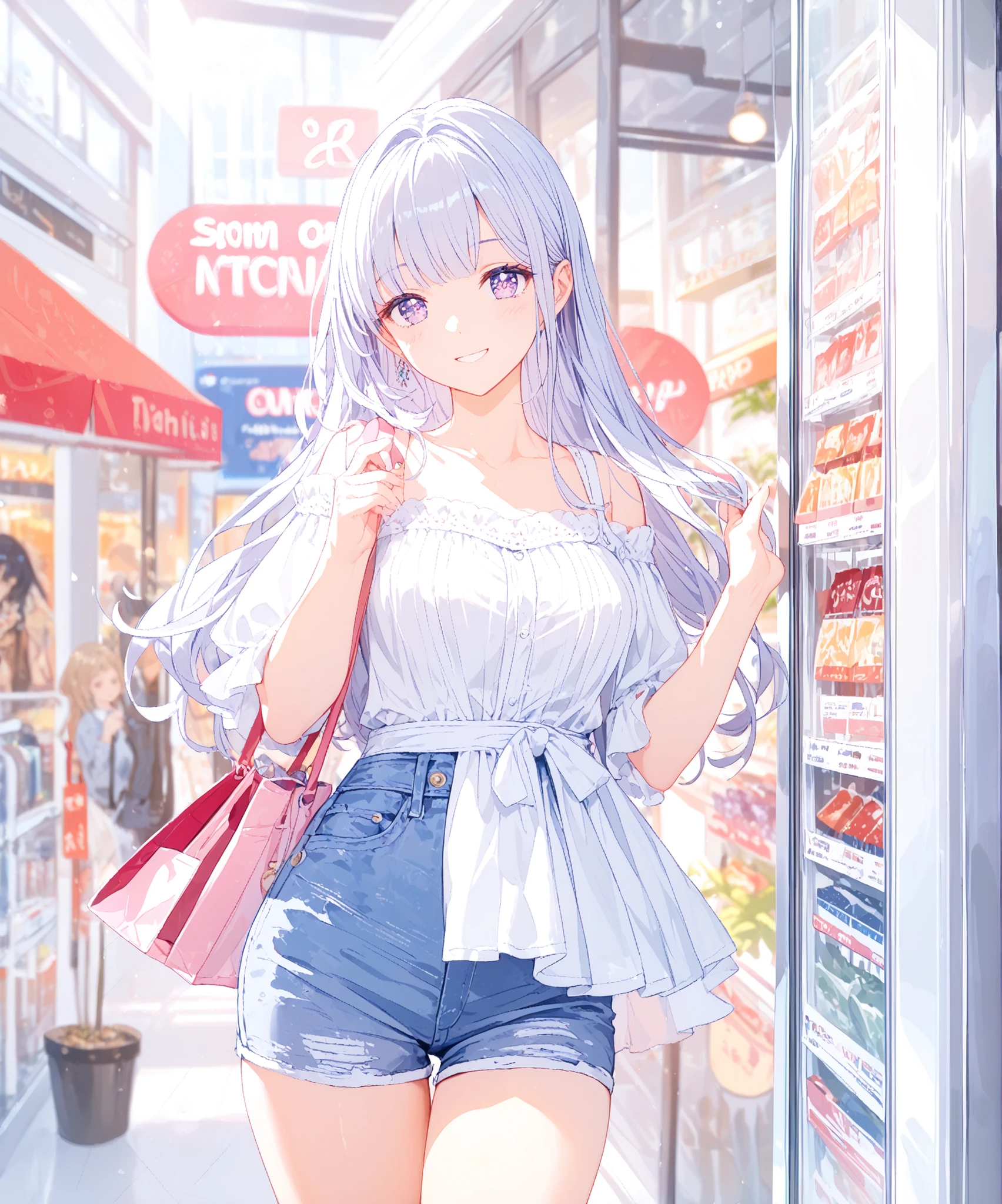 Highest Quality, masterpiece, ultra high definition, 1 girl, long hair with light purple silver hair, Big Purple Eyes, supple and well-balanced figure, white blouse, denim shorts, shoulder bag, Shopping Mall, window shopping, Elegant posture, Smile Yan, at dusk, The light of the street lamp reflected in the glass window, soft atmosphere, sparkling eyes, clear skin