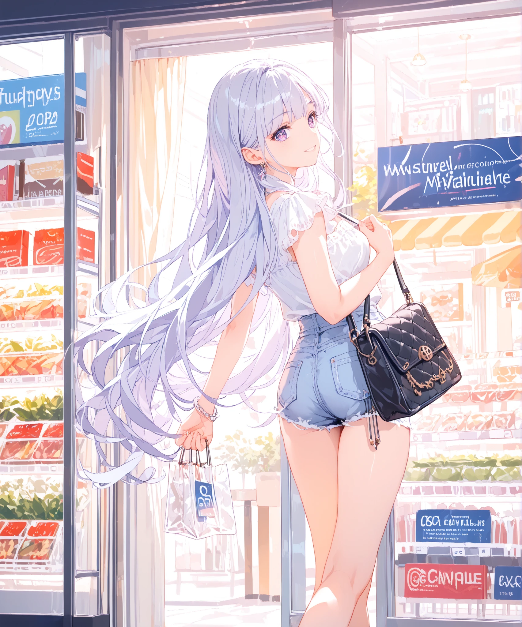 Highest Quality, masterpiece, ultra high definition, 1 girl, long hair with light purple silver hair, Big Purple Eyes, supple and well-balanced figure, white blouse, denim shorts, shoulder bag, Shopping Mall, window shopping, Elegant posture, Smile Yan, at dusk, The light of the street lamp reflected in the glass window, soft atmosphere, sparkling eyes, clear skin