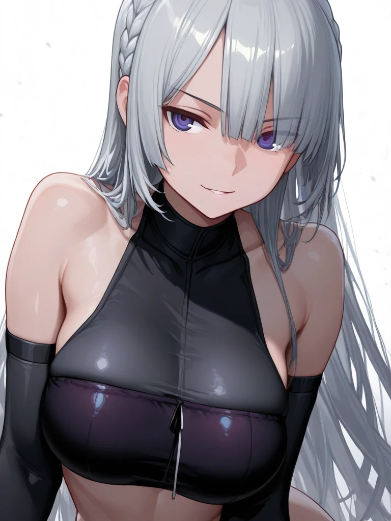 office Street, silver hair, blue eyes, black skin, folded ponytail, sexy, huge breasts, side sleeveless knit