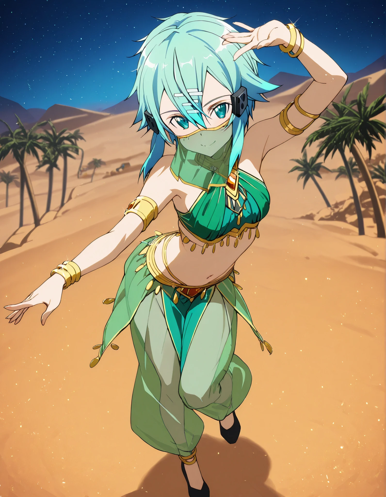 (1girl:1 . 5) , (Seul:1 . 5) , score_9 , score_8_haut , score_7_haut , source_anime , Official work , ultra-detailed , masterpiece , best quality selfie snapshot , high res , beaux yeux , detailed eyes , detailed face , beautiful detailed eyes ,Sword Art Online, Sinon,Arabian Clothes , Arabian Dancer ,belly dancer costume ,mouth veil,full body, golden jewelery,armlet, belly dancing,night,desert lands, palm tree, seductive smile, dancing with veil, dynamic movement,dance posture, seductive pose