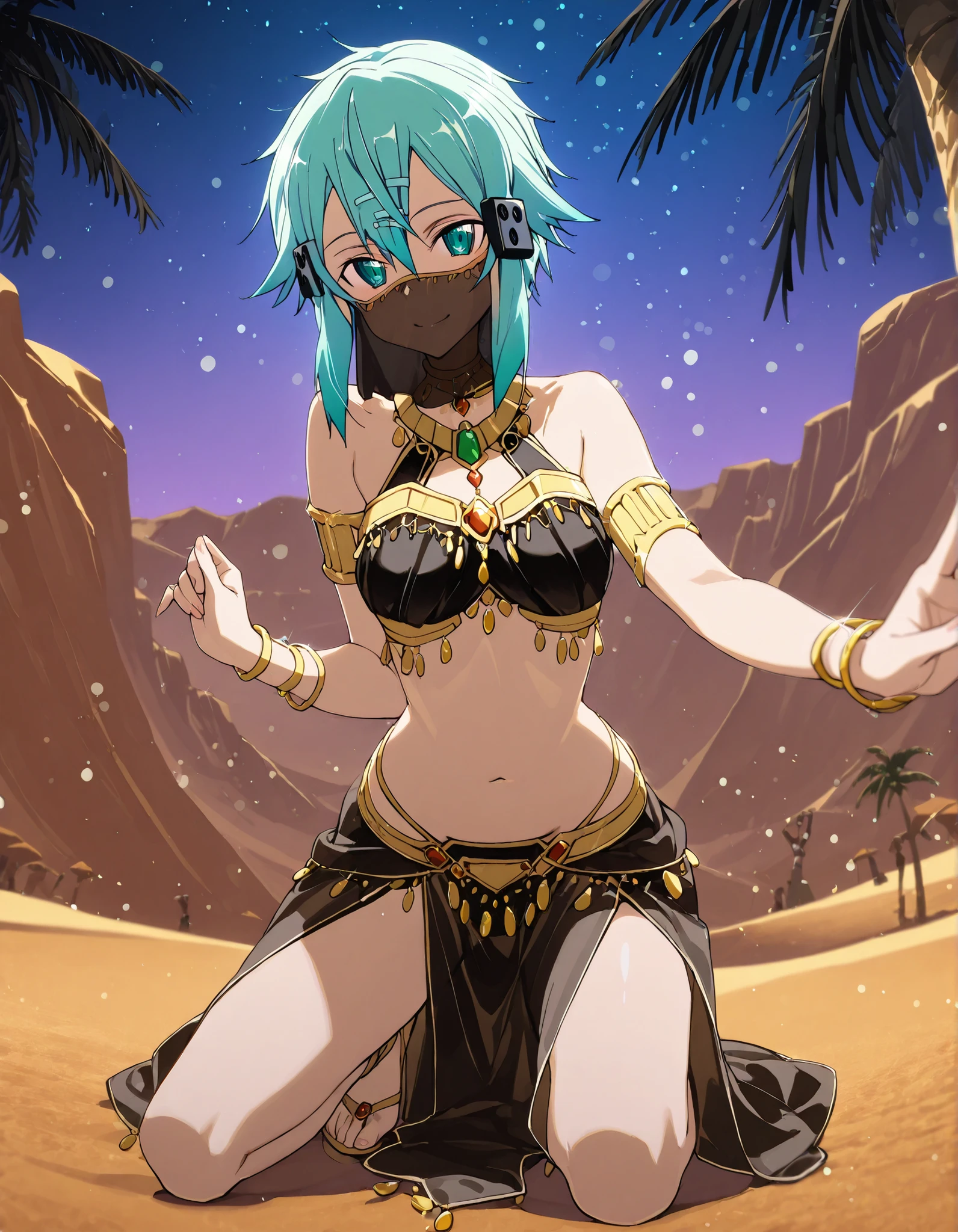 (1girl:1 . 5) , (Seul:1 . 5) , score_9 , score_8_haut , score_7_haut , source_anime , Official work , ultra-detailed , masterpiece , best quality selfie snapshot , high res , beaux yeux , detailed eyes , detailed face , beautiful detailed eyes ,Sword Art Online, Sinon,Arabian Clothes , Arabian Dancer ,belly dancer costume ,mouth veil,full body, golden jewelery,armlet, belly dancing,night,desert lands, palm tree, seductive smile, dancing with veil, dynamic movement,dance posture, seductive pose