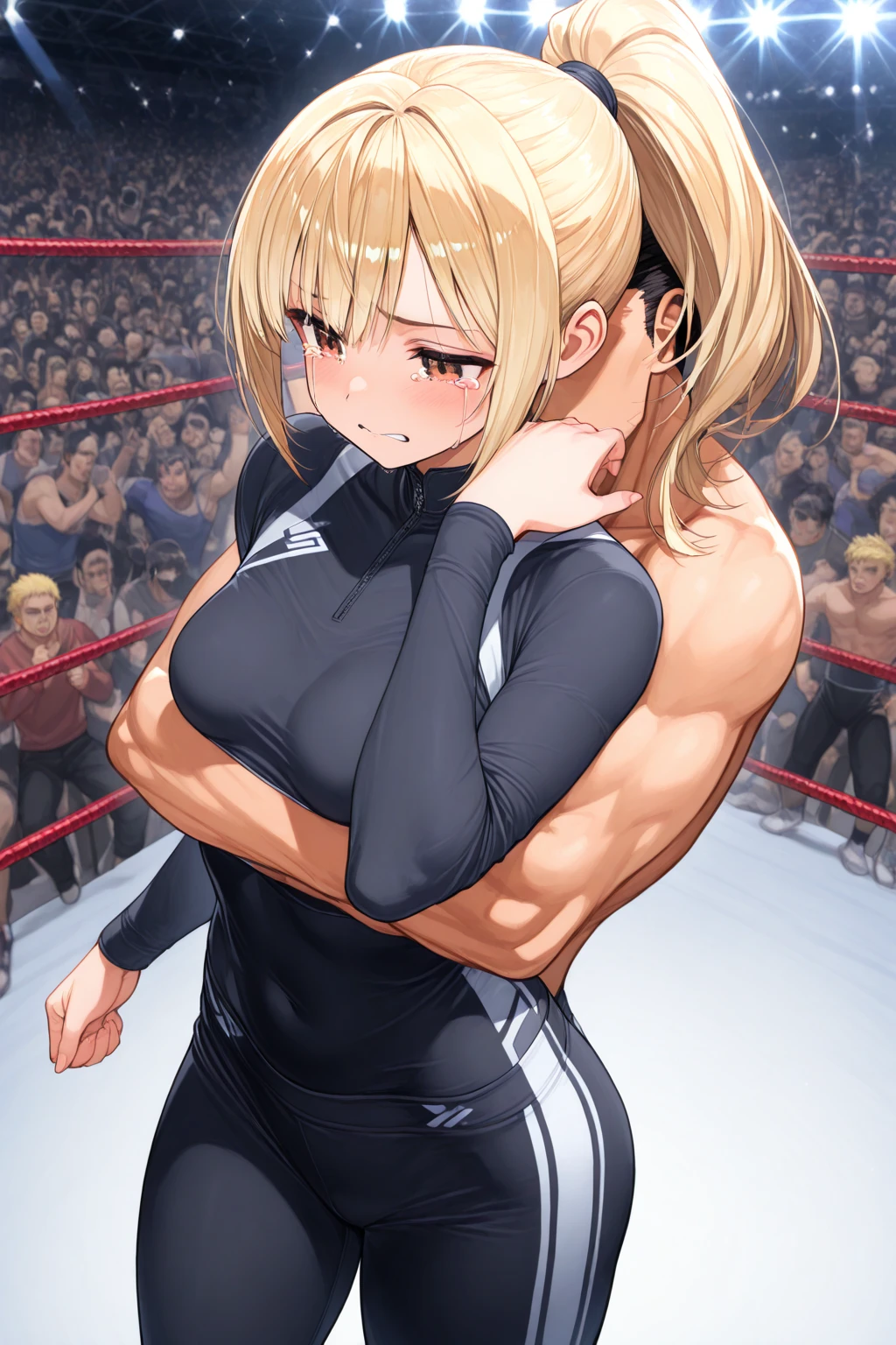  ((((1girl, tall stature)))and(((little boy, short stature)))),hetero,((((little boy, short stature)))),small penis, dark-skinned little boy,interracial, BREAK ((((1girl, tall stature)))),(curvy:1.4), (medium hair,ponytail),straight hair,ash blonde hair, ash blonde eyes, large breasts, pale skin,shiny skin, BREAK ((she wears a tight shirt that extenuated her thin waist and wide hips)), (cum:1.4),cum in pussy,(cum on clothes:1.4), cum on breasts,cum on body,cum facial, bukkake,cum in mouth,cum on hair,(excessive cum), BREAK ((vaginal,sex)),(upright straddle,couple,face-to-face), clothed sex, intercourse with old man, (wrestling ring),(((masterpiece))),(((best quality))),((ultra-detailed)),(illustration),((an extremely delicate and beautiful)),(detailed background),
