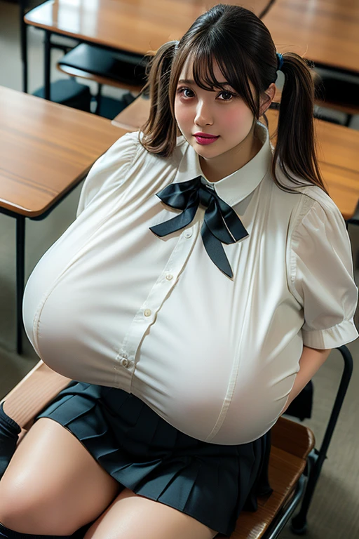 (Best quality,masterpiece,ultra detailed,8K,RAW photo,realistic,high resolution:1.2),(Pretty Japanese girl),(Super huge tits:1.4),(light brown hair),(school uniform,white collared shirt,pleated skirt:1.4),(voluptuous:1.4),(shoulder length),(light smile),(chubby:1.4)