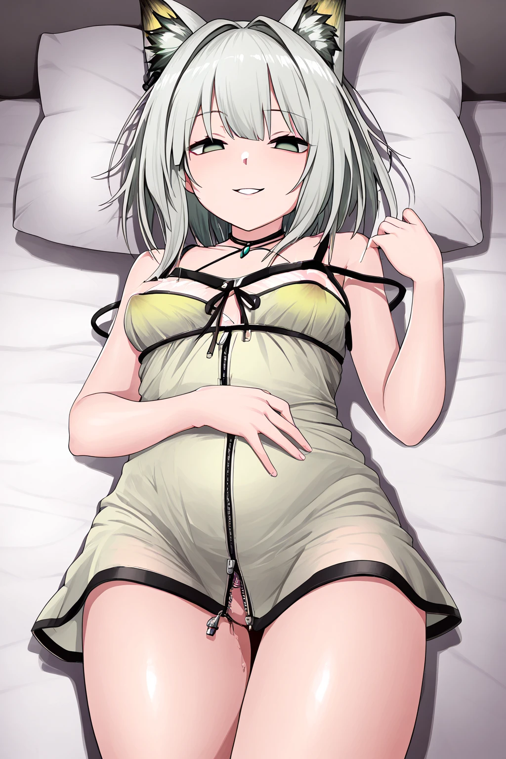 masterpiece, Highest quality,indoor,bedrororm,On the bed,Lying on your back,Black ribbon hair ornament,,Small breasts,(naked),blush, :or,nsfw,((1bory,faceless male ,vaginale,Sex)),Cum on pussy,upper bordy,