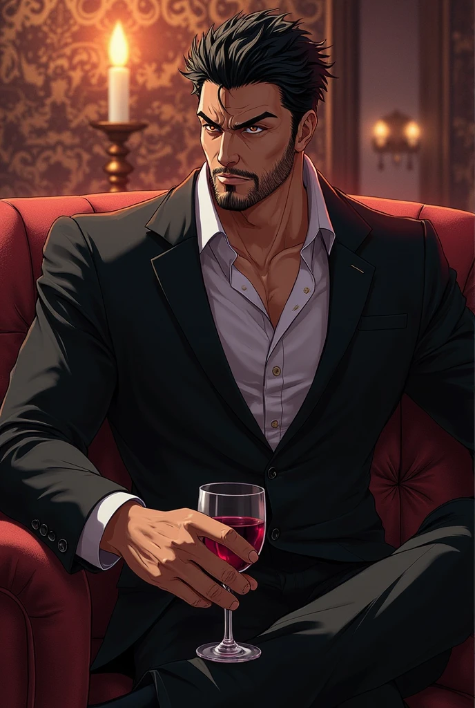 Intimidating middle-aged Italian mobster with short hair and a well-groomed beard.