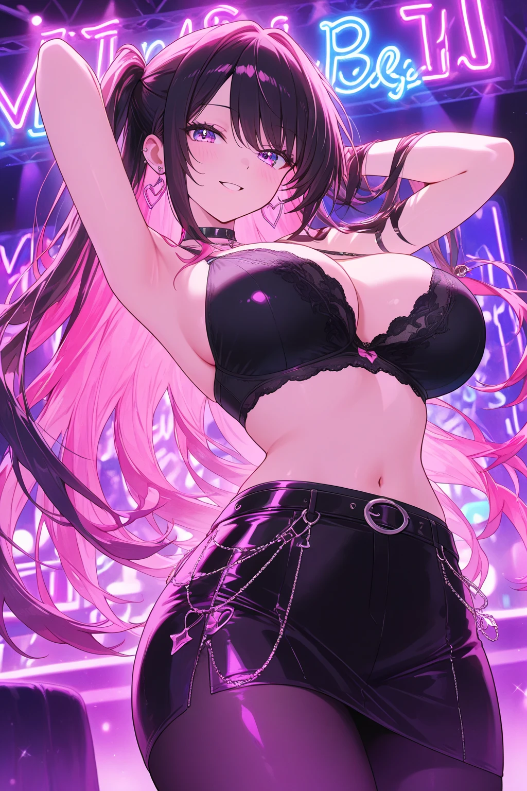 masterpiece,Ultra-high resolution、Highest quality、Sexy pose、model、Nightclub、Detailed expression of the skin、Black and pink hair、Long Hair:1.2, Yellow Eyes,Detailed eyes、 Seduce、Tilt your head、Big gold earrings:1.5,、Small breasts、the body is slim、Tight waist、Spread your legs,Cowboy Shot、Plain white mini skirt-style frilled bikini、Detailed expression of fabric、Lace Armlet、Pink and black striped garter ring