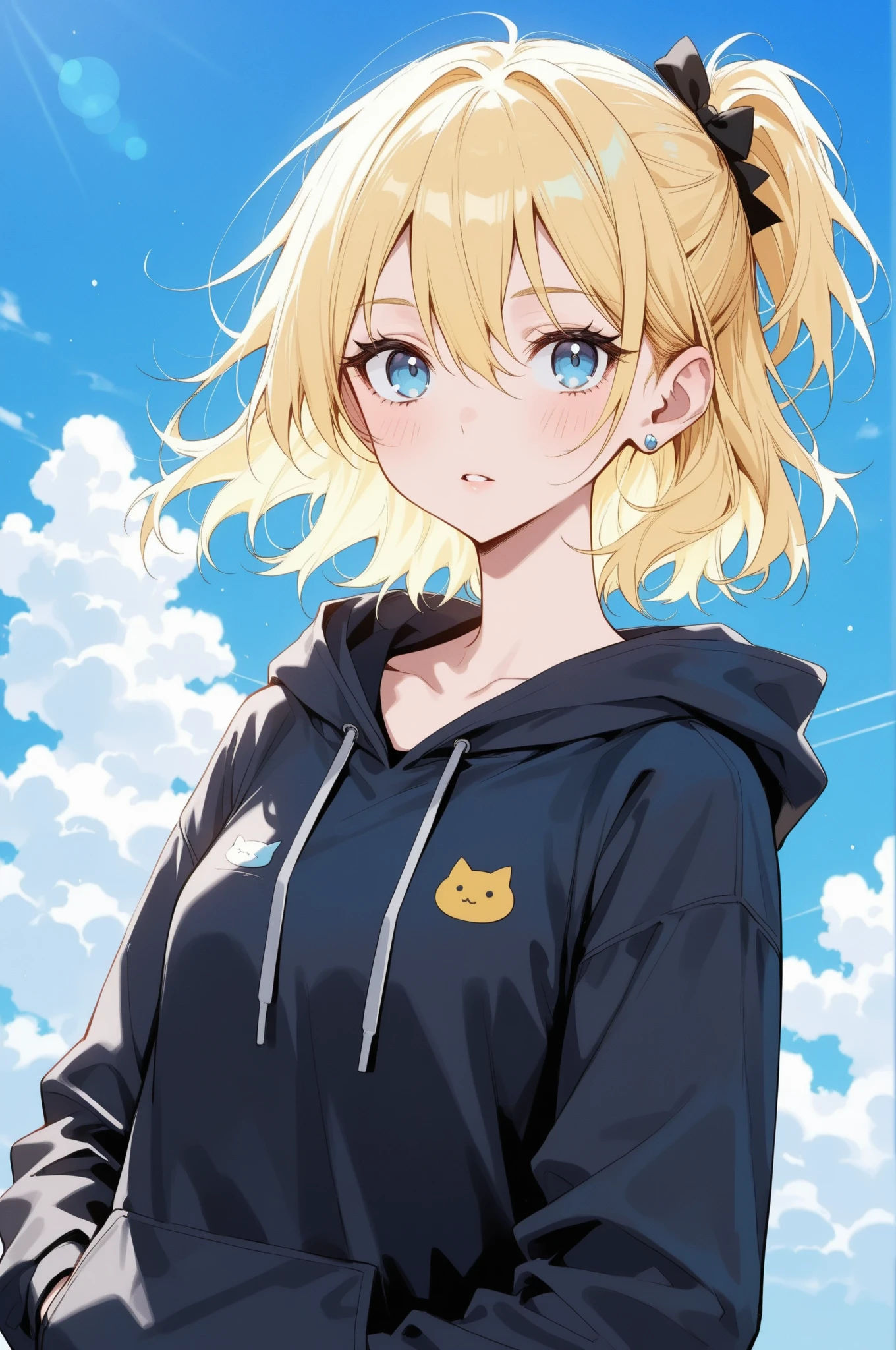 masterpiece,best quality,highres,perfect anatomy,((cute)),1girl,(very cute girl),blonde hair,double bun,blue eyes,expressive eyes,black t-shirt,hooded jacket,((hood down)),cowboy shot,smile,happy face,closed mouth,outdoors,balcony,railing,beautiful blue sky,looking at viewer,vibrant colors,