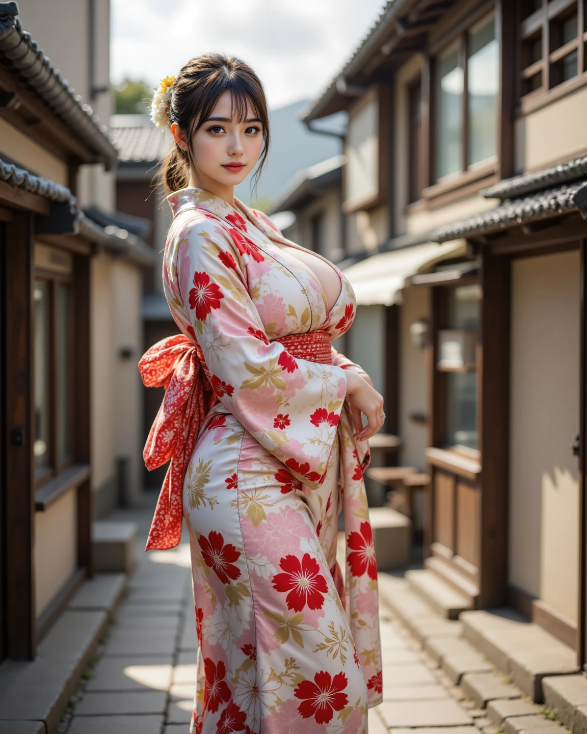 Photo Real、photoRealstic　Dark hair、Japan hair ornament、Kanzashi、Fancy hair ornaments、Flashy kanzashi、Lots of bangs、hair adornments、Tied hair　with round face、drooing eyes、cheeks turn red、Smiling happily　vivid colored kimono、Japan kimono、Kimono with fancy patterns、Kimono with flashy illustrations、Kimono with conspicuous illustrations of flowers、Large belly roll　hi-school girl、sixteen years old、japanes、skinny  body、Beautiful skin、breastsout　Bold poses、I enjoy、Frolic Pose、Frolicking、Playing　Background with、Summer Festivals、Midnight、skyrocket、Crowds、takeout、Crowded alleys、Alley where many people are walking