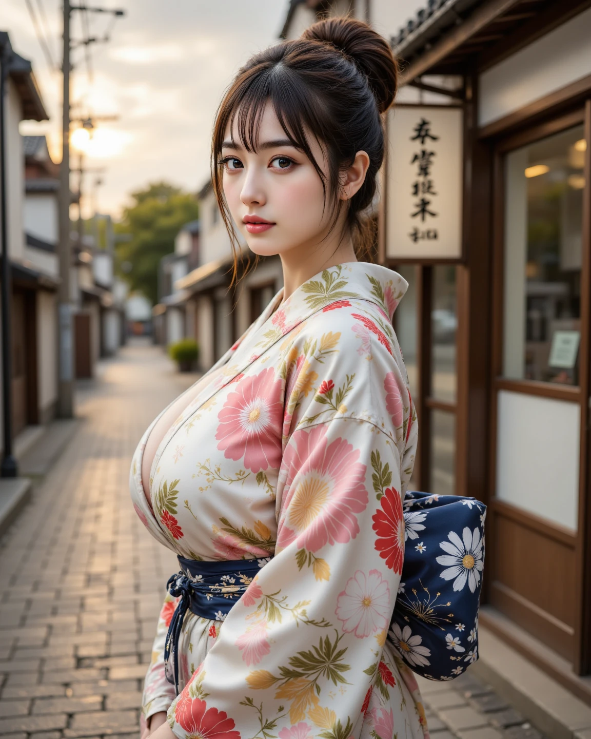 table top, highest quality, figure, super detailed, finely, High resolution, 8k wallpaper, 完璧なダイナミックな構figure, detailed and beautiful eyes, She wears a red kimono,medium hair,natural color lip, bold sexy pose,smile,Harajuku、23 year old Japanese girl、cute、sexy shot looking at camera、perfect proportions、C cup、brown hair、cacique#39;face、Blurred green park background
