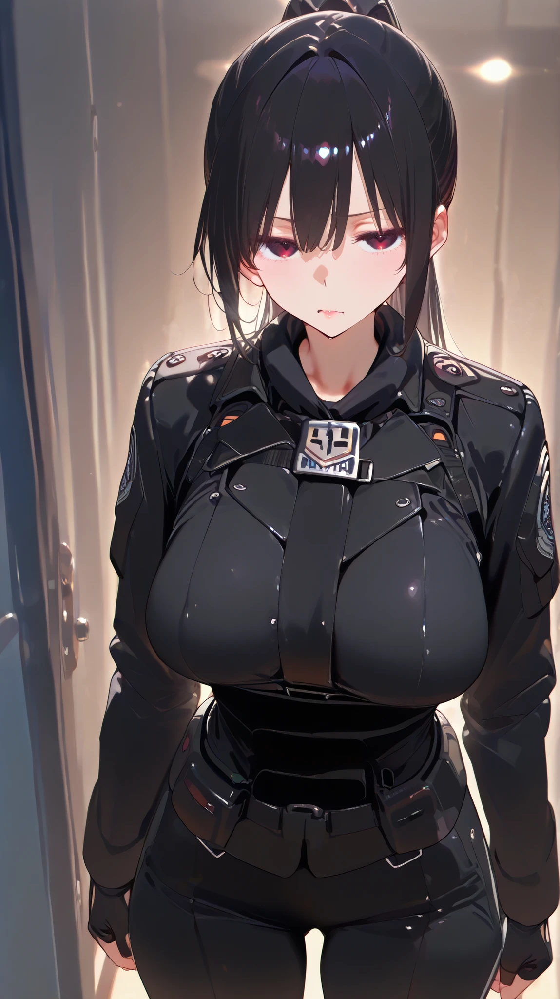high school girl、(dark haired、ponytail、pretty big breasts、is cool) 、((cute、No expression、sexy tactical wear、black jacket、looking at me with disdain、NSFW))、Standing picture、anime style、high image quality、High Quality、1girl