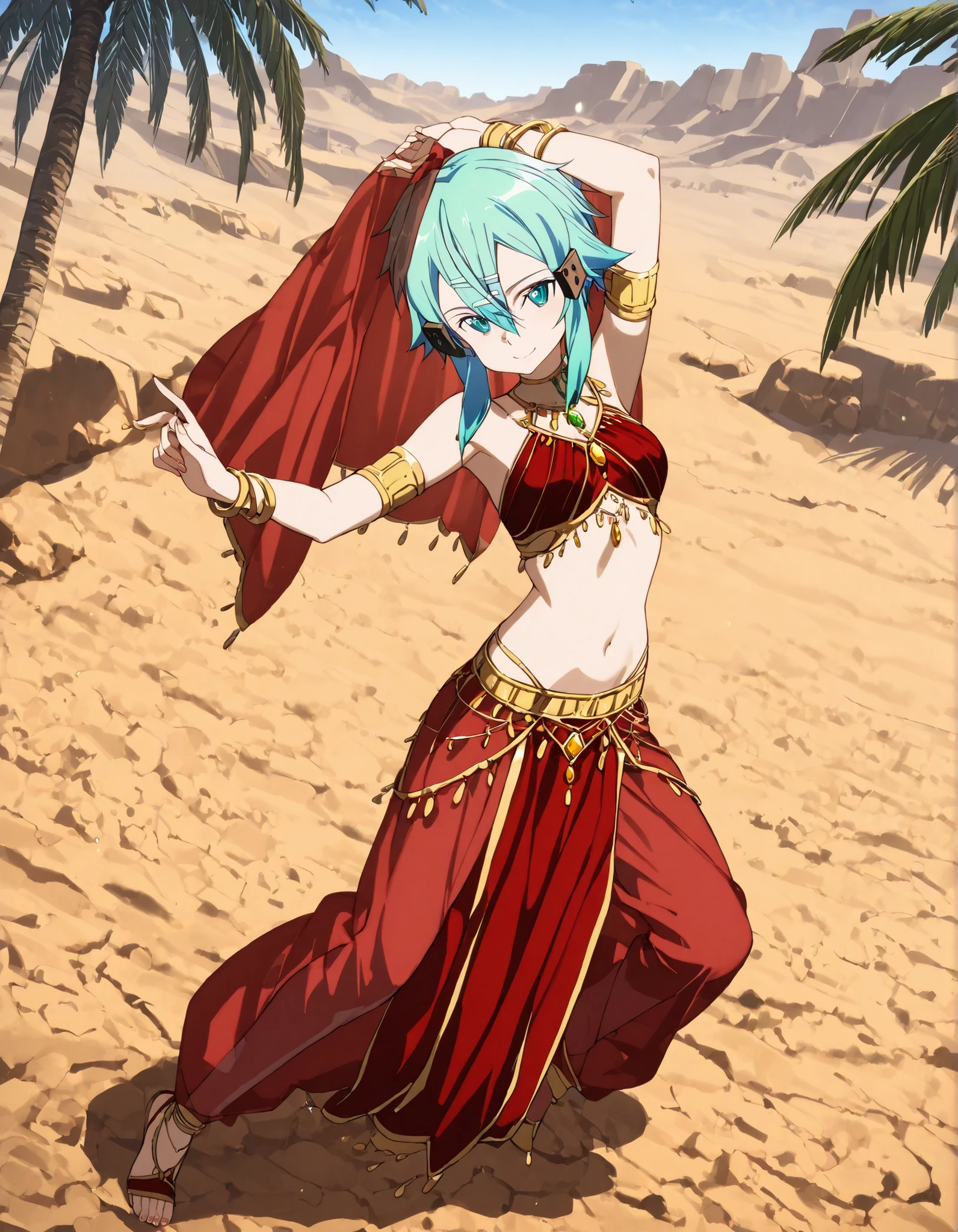 (1girl:1 . 5) , (Seul:1 . 5) , score_9 , score_8_haut , score_7_haut , source_anime , Official work , ultra-detailed , masterpiece , best quality selfie snapshot , high res , beaux yeux , detailed eyes , detailed face , beautiful detailed eyes ,Sword Art Online, Sinon,Arabian Clothes , Arabian Dancer ,belly dancer costume ,full body, golden jewelery,armlet, belly dancing,desert lands, palm tree, seductive smile, dancing with veil, dynamic movement,dance posture, seductive pose