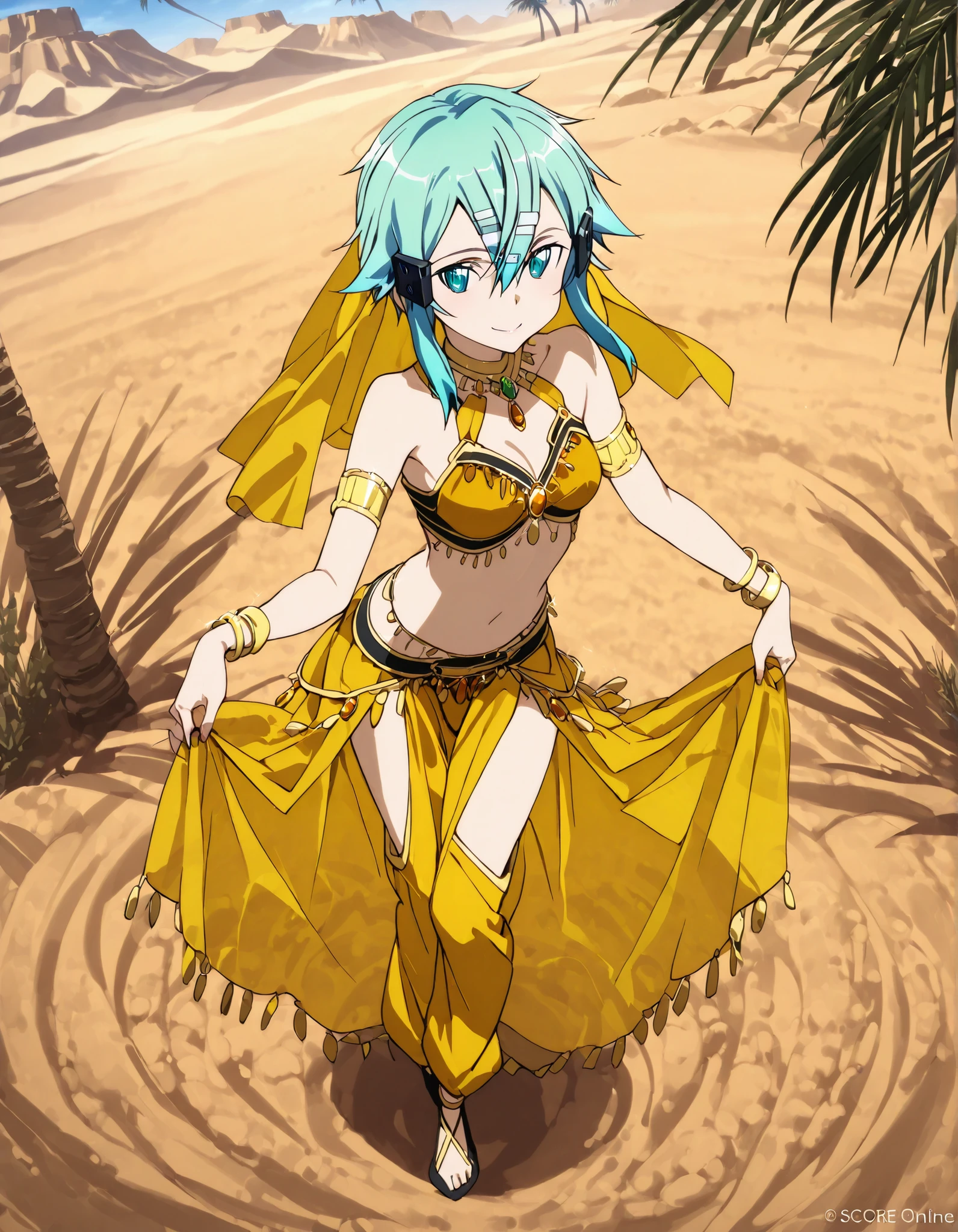 (1girl:1 . 5) , (Seul:1 . 5) , score_9 , score_8_haut , score_7_haut , source_anime , Official work , ultra-detailed , masterpiece , best quality selfie snapshot , high res , beaux yeux , detailed eyes , detailed face , beautiful detailed eyes ,Sword Art Online, Sinon,Arabian Clothes , Arabian Dancer ,belly dancer costume ,full body, golden jewelery,armlet, belly dancing,desert lands, palm tree, seductive smile, dancing with veil, dynamic movement,dance posture, seductive pose