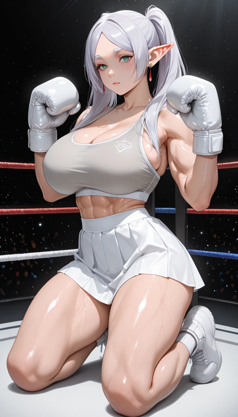 korean beautifull girl,18 years old,Pretty Face,Good figure detailed pictures, Shy expression, blush,White long hair, Wearing cheongsam, Wear black garter stockings, Wearing boxing gloves, Kneeling alone in the boxing ring,Large Breasts,Cleavage,Long legs,Thin waist,nipple,Camel toe