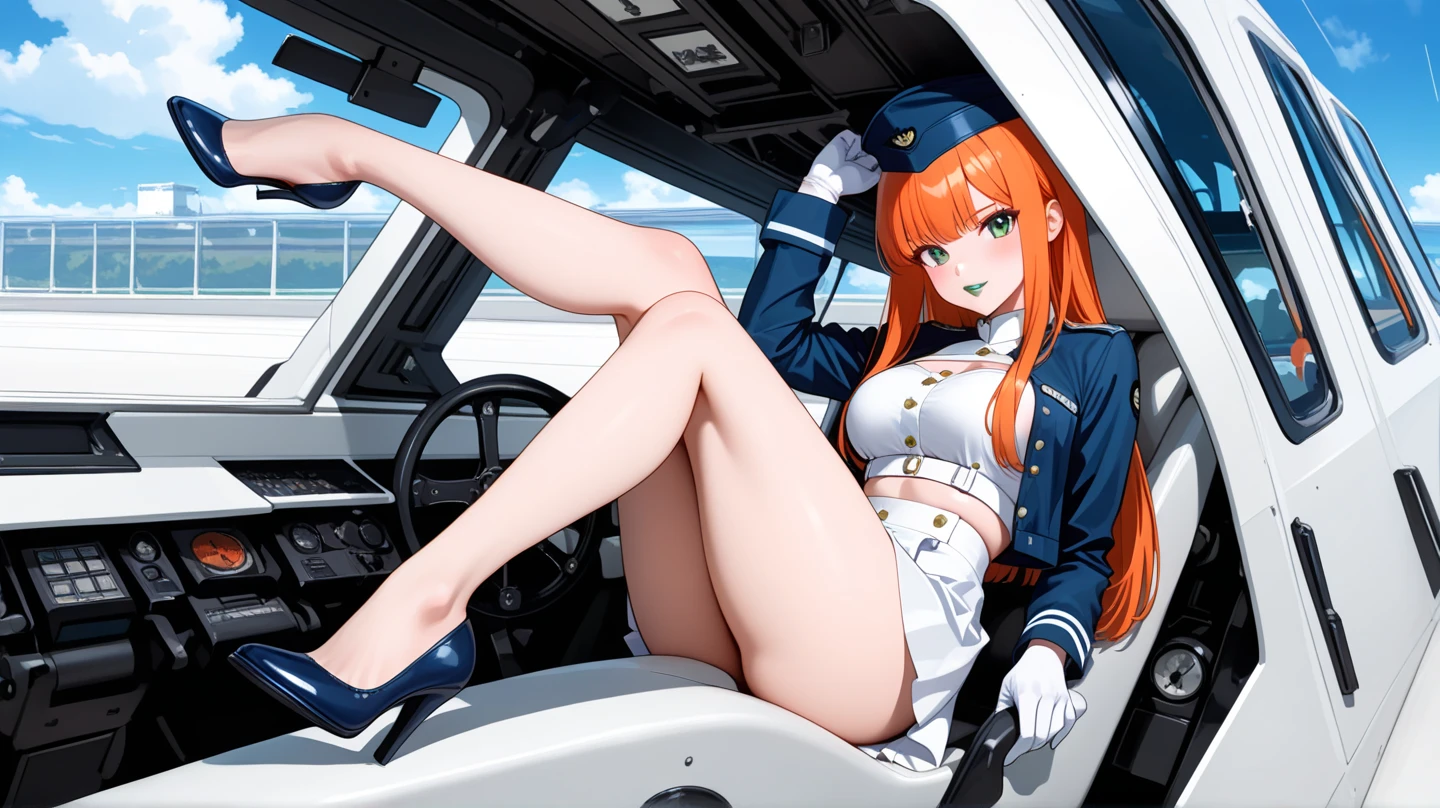 score_9, score_8_up, score_7_up, source_anime, Expressiveh, 1female、stewardess、spread her legs、showing panties、white panties、cabin attendant uniform、tailored jacket、Plain navy blue mini skirt、Golden wavy hair、high heels、dark makeup、Airplane cockpit
