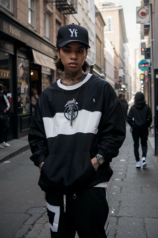 Create an image of a baby cat styled as a hip-hop rapper with a street gang appearance. The cat should have a confident and cool demeanor. Dress the cat in loose-fitting pants that sag slightly, and work boots. Add a skull necklace around its neck and an earring in one ear. The overall look should be edgy and urban, blending the cute features of a baby cat with the tough, stylish elements of a street rapper. The background should be a gritty urban setting, such as a graffiti-covered alleyway or a city street at night, to enhance the street gang vibe. The colors should be bold and vibrant, reflecting the dynamic and energetic nature of hip-hop culture.