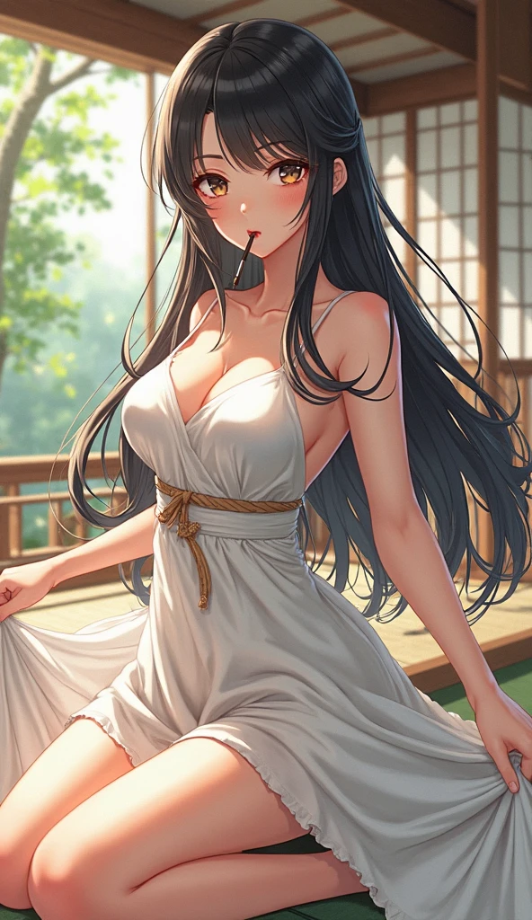 tmasterpiece, hoang lap, hyouka\(Boruto\), 1girll, solo,a mature female, Purple slip dress,cleavage,Large breasts,Brown pants,exteriors,(((Very long hair))), Lavender flower field, looking at viewert, (Falling petalostly cloudy sky, perfect compositions, Detailed lips,, beauitful face, Body support, Be red in the face, (redish pink lips), long whitr hair, White eyes, Soft gaze, Sad smile, Super realistic, A detailed, photoshoot, Realistick faces and bodies, photo-realistic hair, photorealistic eye,realistic nose,realistic lips, nipples, cameltoe, (arm behind head:1.5), armpits, (((bangs hair))), (sweaty armpits)