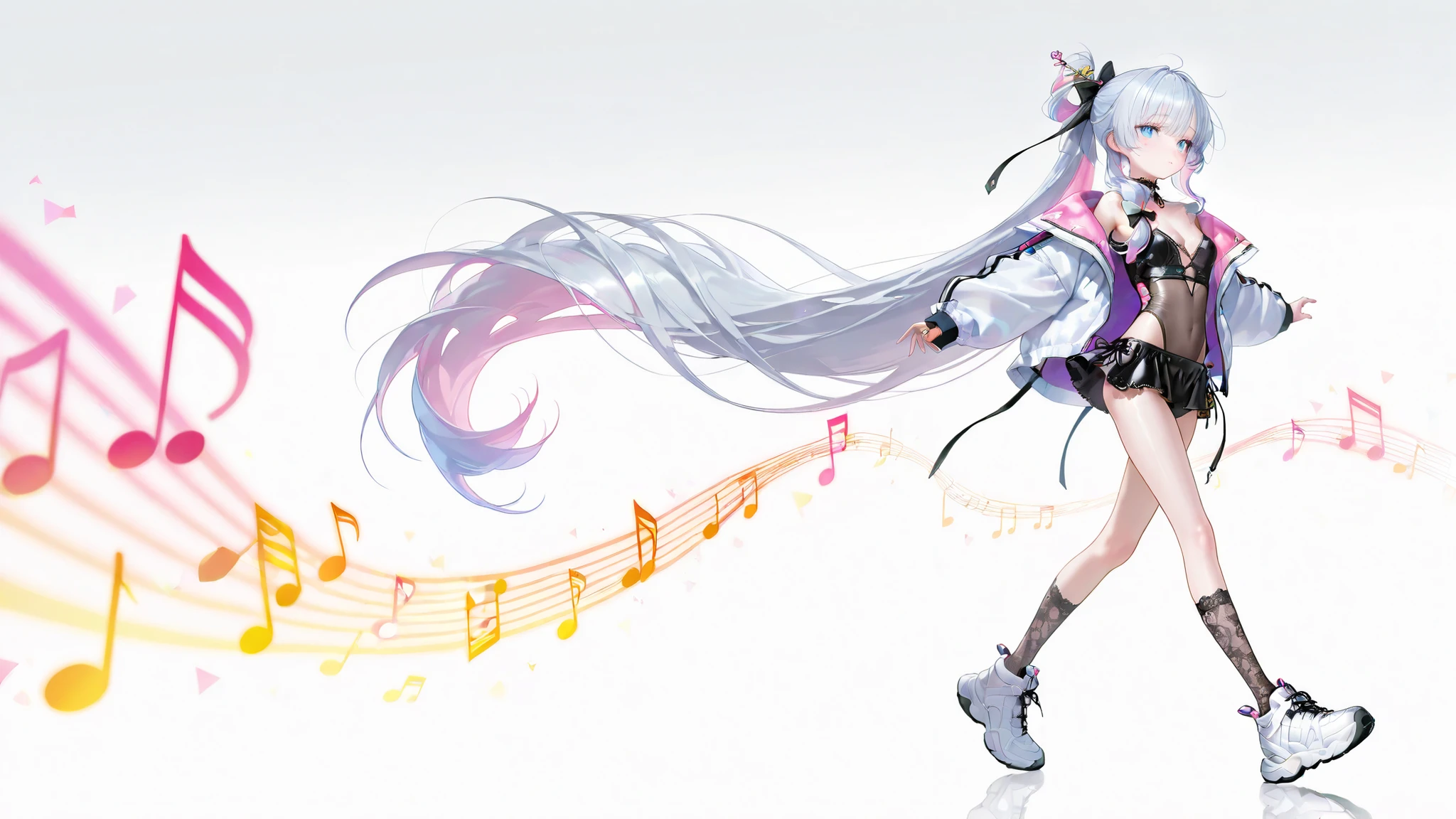 (((Ultra-high resolution))), masterpiece, OFFICIAL ART, high-definition G Unity 8k Wallpaper,(Masterpiece:1.0), (Highest Quality:1.0), 超high resolution, very well detailed,8k, high resolution, Kodak Portrait 400, film grain, lens flare glow,best quality,), (((18 year old female:1.3)))、young and adorable Japanese face, (), ((silky smooth hair, absurdly long silver hair:1.3)),Her face is beautifully detailed,feminine silver hair,(silver hair),hair styled in a ponytail hairstyle, hair over shoulder, low-tied long hair, ((silver pink gradient color hair:1.1)),pink inner hair, (ultra-detailed,ultra-fine beautiful face and blue eyes, blue eyes, growing eye,),Small Faces, lips, embarrassed, cleavage, ((ample bosom)), pale skin, shiny skin,correct limb, hair bow, neck lace, decorative hairpin, collarbone, hip bone, (translucent high leg leotard, see through leotard:1.3, black leotard,), black top leather cropped top, black mini skirt, low rise skirt, trimmed leather skirt, lace hem, hem trimmed lace, white lace, lace socks, Loose fitting jacket, casual white jacket, pink paw print jacket, white sneaker, musical note theme, fivelinestaff, colorful, vibrant, glowing outline, neon, white background, bright colors, (from side:2.0), walking, full body, soaring hair, note hair, ((symbol background, following musical note symbols, sound noise background, fractal musical note symbols, rainbow musical note, many musical notes, pastel color background, gradient background)), <lora:LCMTurboMix2fix:1>, Accurate Fingers, Accurate legs,