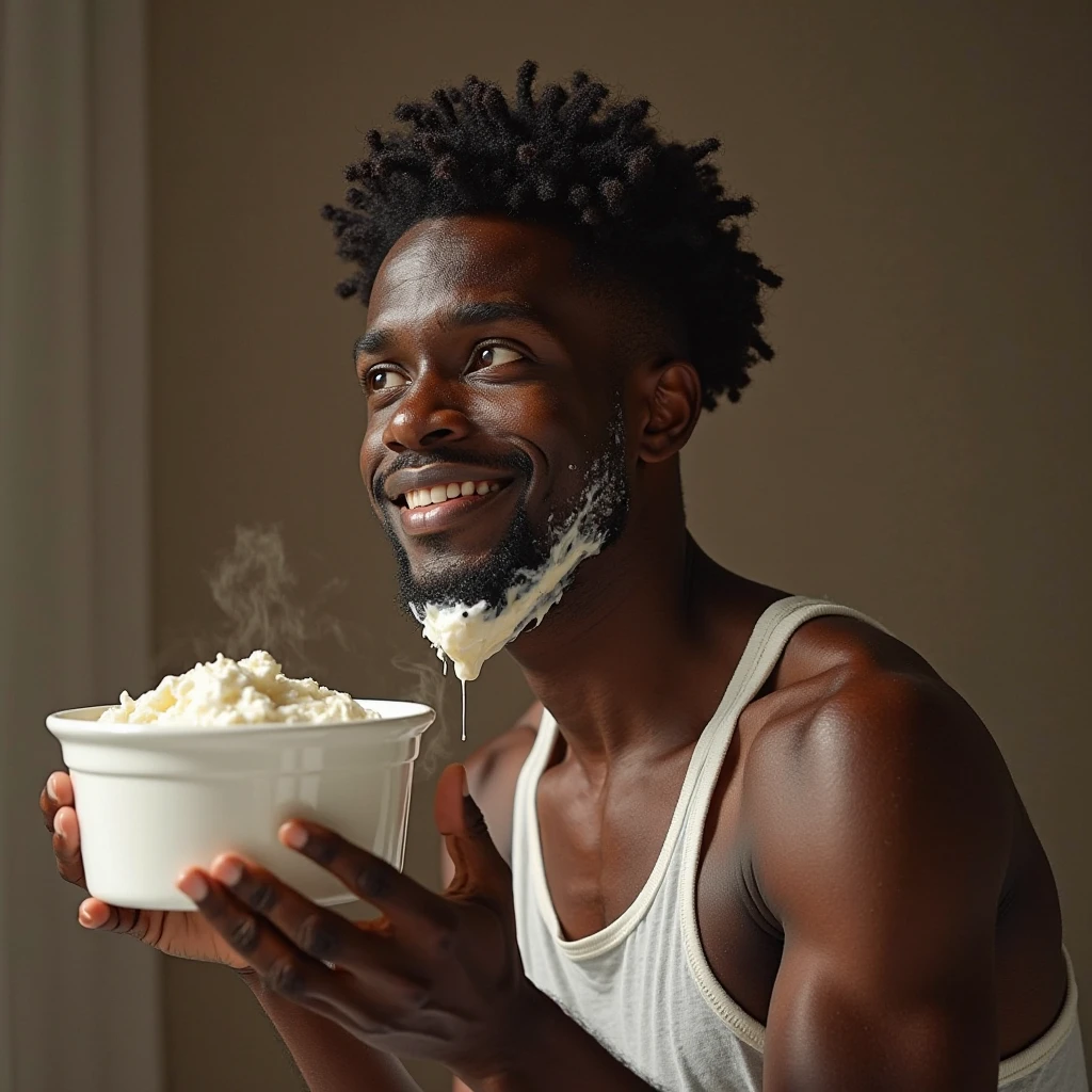 masterpiece, best quality, highres, intricate detail, photo of a handsome black man in a bar, looking at viewer, <lora:MaleBukkakeLora:0.5>, cum on face, cum in hair, cum on body, excessive cum, sitting