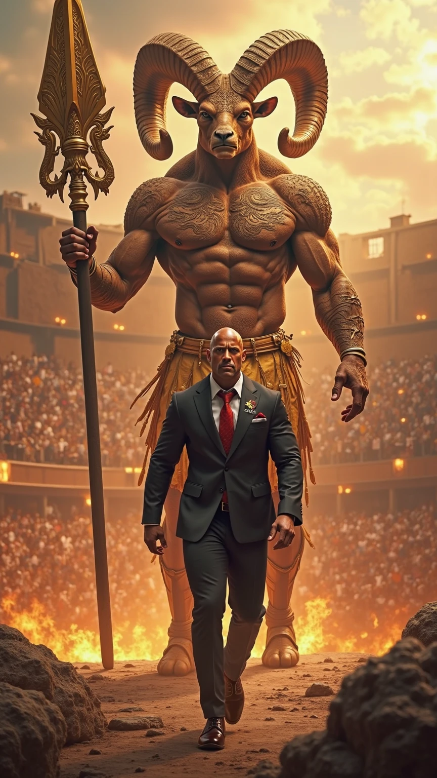 Realistic, fantasy, Mighty gladiator, dwayne johnson face, upper torso exposed, legs unclothed from thighs to feet, detailed muscular physique, lifelike depiction, 4K resolution. Background: Roman colosseum filled with cheering crowd. 8k uhd, best quality, masterpiece, super detail, high details, dwayne johnson face detailed,