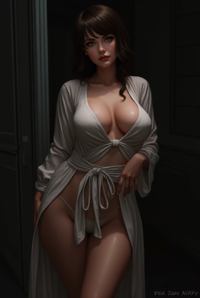 gigantic voluptuous old, 18 years, thin waist,( whole body), toned, a person in a fine white lace robe, arte cyberpunk by Russell Dongjun Lu, trend on CGsociety, Light rays, rays of god, muscular, realist, old, sexy legs, black high heel shoes