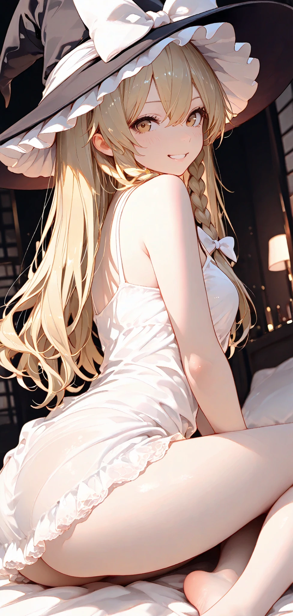 Glossy effect, clear contours, bright color, high contrast, dark background, Digital Art,,big butt,KJOrory, , red eyes, ,, ,fit,verybig butt,,dynamic angle sandwiched between,put your hands on the bed、Home Living、、
Kirisame Marisa、witch hat
Delicate,masterpiece,Highest Quality,detail,high detail,high resolution,4K,8k,beautiful artwork,watercolor, BREAK, soft, かすかな線とbright color調で夢のようなもろい外観を作り出しています, BREAK, (Touhouproject,marisa kirisame:1.3),(Alone), cute girl,smile,Cute Poses、negligee、front