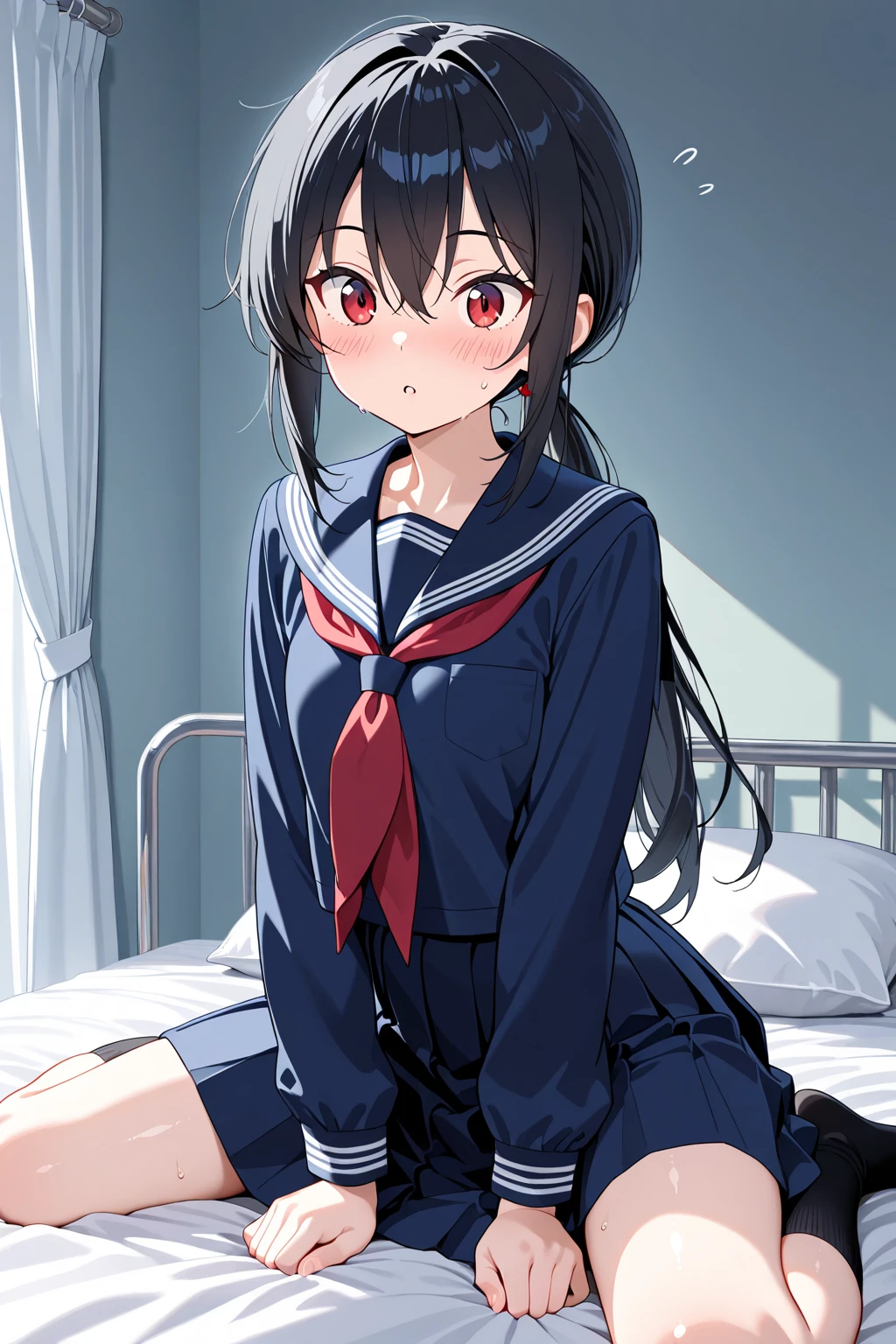 1 girl, hdr, hitachi mako, aamako, short hair with long locks, black hair, green eyes, ahoge, hairband, school uniform, ribbon, long sleeves, skirt, medium breast, bike shorts, room, bedroom, white bed sheets, indoors, sex, sleep position, looking you, crotchless, looking ahead, looking you, missionary position, on back, lying, 1boy, penis, lying, missionary, vaginal, ahegao, open mouth, cum in pussy, missionarypose, pov, penis in pussy, bike shorts, cum in pussy, bike shorts, hands up, bike shorts under skirt, 