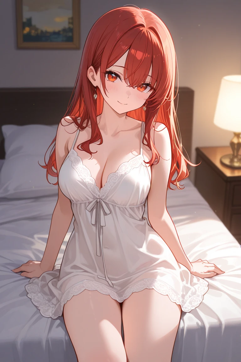elysia, long ginger hair, beautiful face,smiling,close up upper body, moderate breast, sitting on bed, wearing beautiful white sleepwear, (open mouth:0.4),illustration,detailed textures(realists),ultra-detailed,portrait style,vivid colors,soft lighting, blushing, mature, no bras, full body, sexy, lingerie, tights