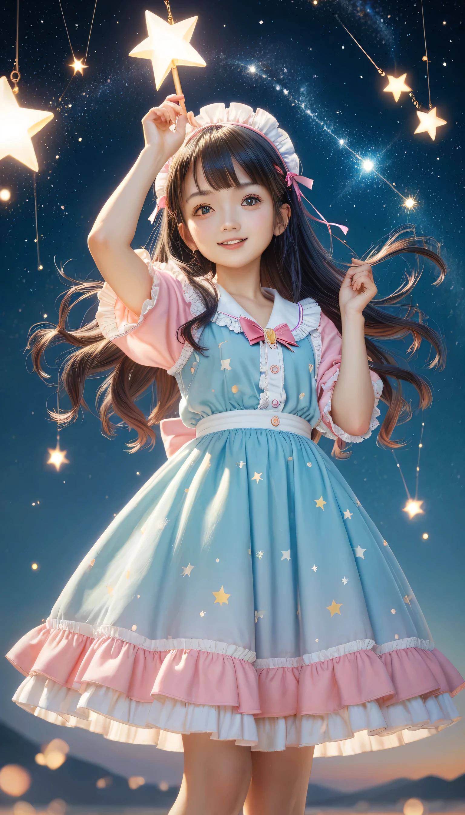 Pajama Magical Girl、 waist frill 、(((I have a star and a dream stick:1.5)))、Starry Sky Stage、I'll show you a good dream、Spirit of Fire、Pajama-style magical dress featuring the constellation Mobile