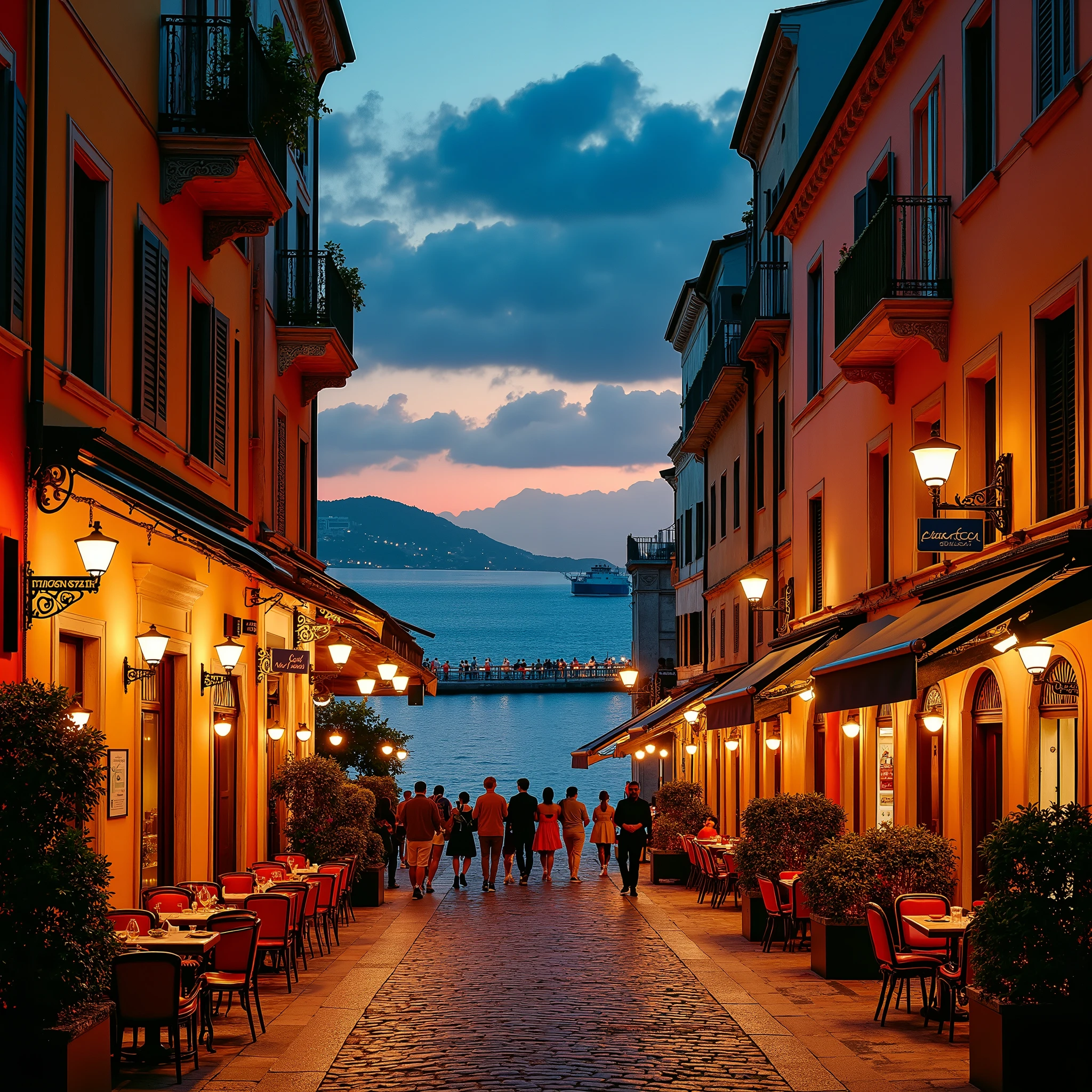 Jazz city cityscape、Italy、cobblestone road、night、cafe、Stylish signboard、Stylish Streetscape、Retro Buildings、Cityscape with a view of the ocean