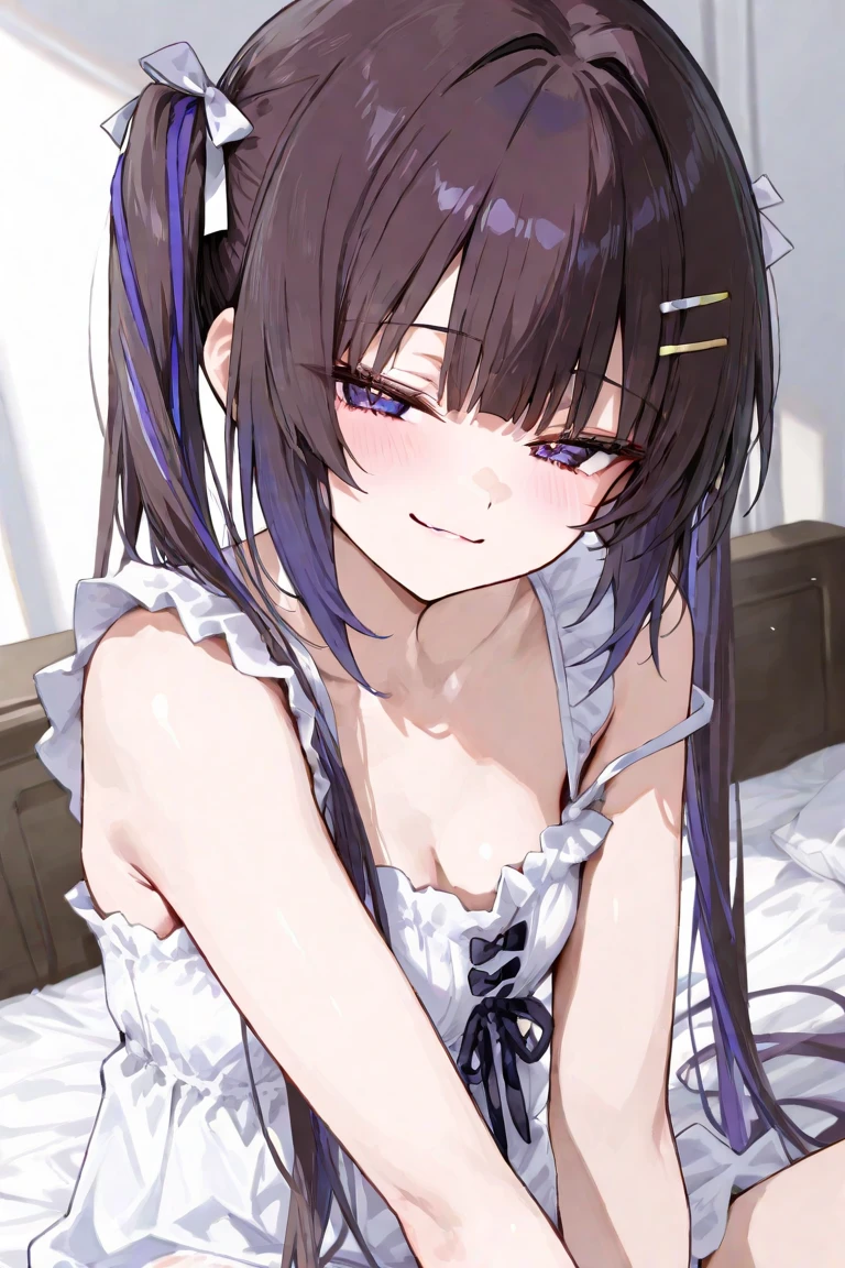 front view,looking at viewer, looking ahead,from above,cowboy shot,1girl,Beautiful 11 year old girl,Japanese,Slender,,low length,Small breasts,Thin legs,Small Ass,Baby Face,Small face,Black Hair,Row Twin Tails,Gray Eyes,Drooping eyes,middle School girls,A see-through black and purple negligee,Sexy Lingerie,open mouth,tongue out,front face,Kneeling,Put your chin forward,Beautiful and detailed anime art,naughty smile,Sexy vibe,cum on tongue,Dimly lit room,On the bed,Simple Background,Gray background,Pink lighting,pointing at self
