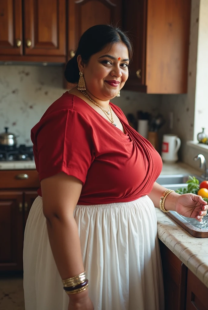 photo of Voluptuous Mature Indian Aunty, Wearing a Tight Blue Kurti and White Stole tied around her neck, U Cut Cleavage exposed, Standing in Kitchen and Cutting Vegetables,Turning her head and kissing a Young Boy.
